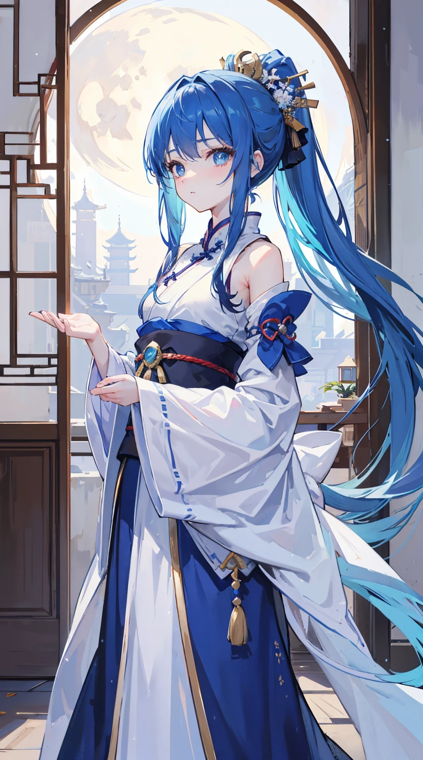 (The moon at night:1.4,Black sky:1.4,lanterns)(gentlesoftlighting, depth of fields,Beautiful two-dimensional wallpapers)(15-year-old cute ancient Chinese princess,Strike elegant poses,face flushed:1.5,Meticulous hands,small red lips:1.7,eye shadows:1.2,Cyan gorgeous long-sleeved Hanfu:1.7,Wearing a bow:1.4,blue color eyes,sky-bluehair:1.4,exposed bare shoulders:1.5,Bigchest:1.6,Sexy waist-hip ratio:1.5,Sexy long legs,white long boots,French bangs,double-ponytail:1.6,The wind blows the hair:1.4,ancient buildings of China)(Indoors,Oyuki:1.5,Winter nights)