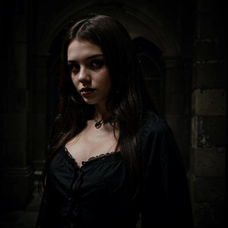 young beautiful brunette girl, gothic and scary atmosphere