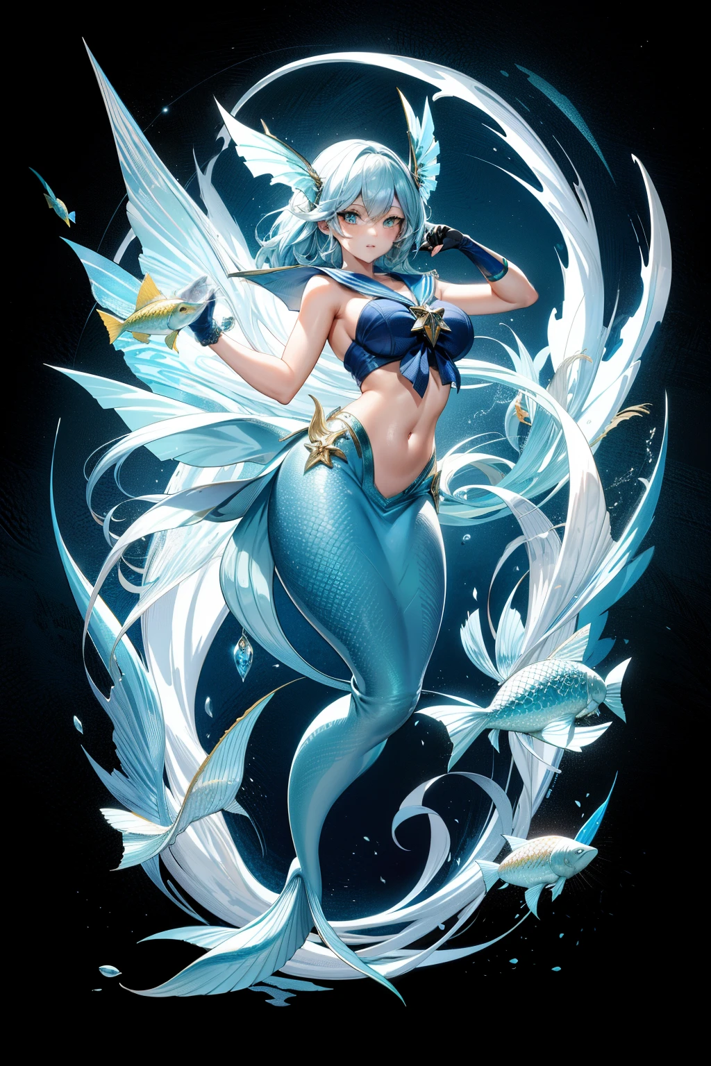 Mermaid, sexy body, The fin drawing is better, Short light blue hair, Fish fin, Big breasts, Beautiful sailor wallpaper