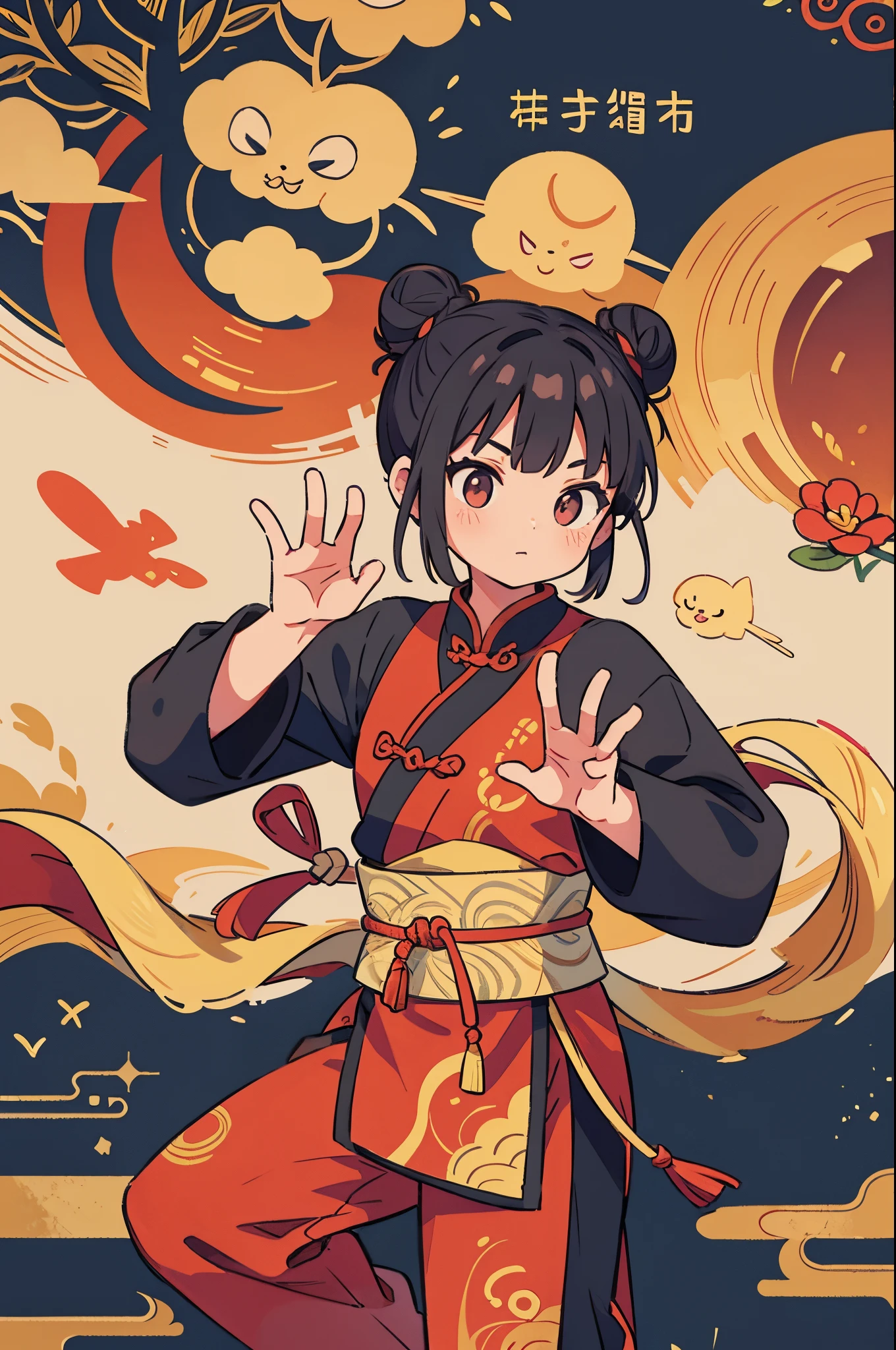 traditional chinese clothing, take a kung fu pose, Black hair, Bun Hairstyles.