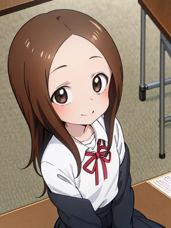 masterpiece, best quality, 1 girl, Takagi-san, Karakai Jōzu no Takagi-san, long hair brown, brown eyes, very cute, japanese school uniform, Day, Perfec face, Perfec eyes, sitting at school, 1 girl, "illustration", "high definition", takagi1, long hair