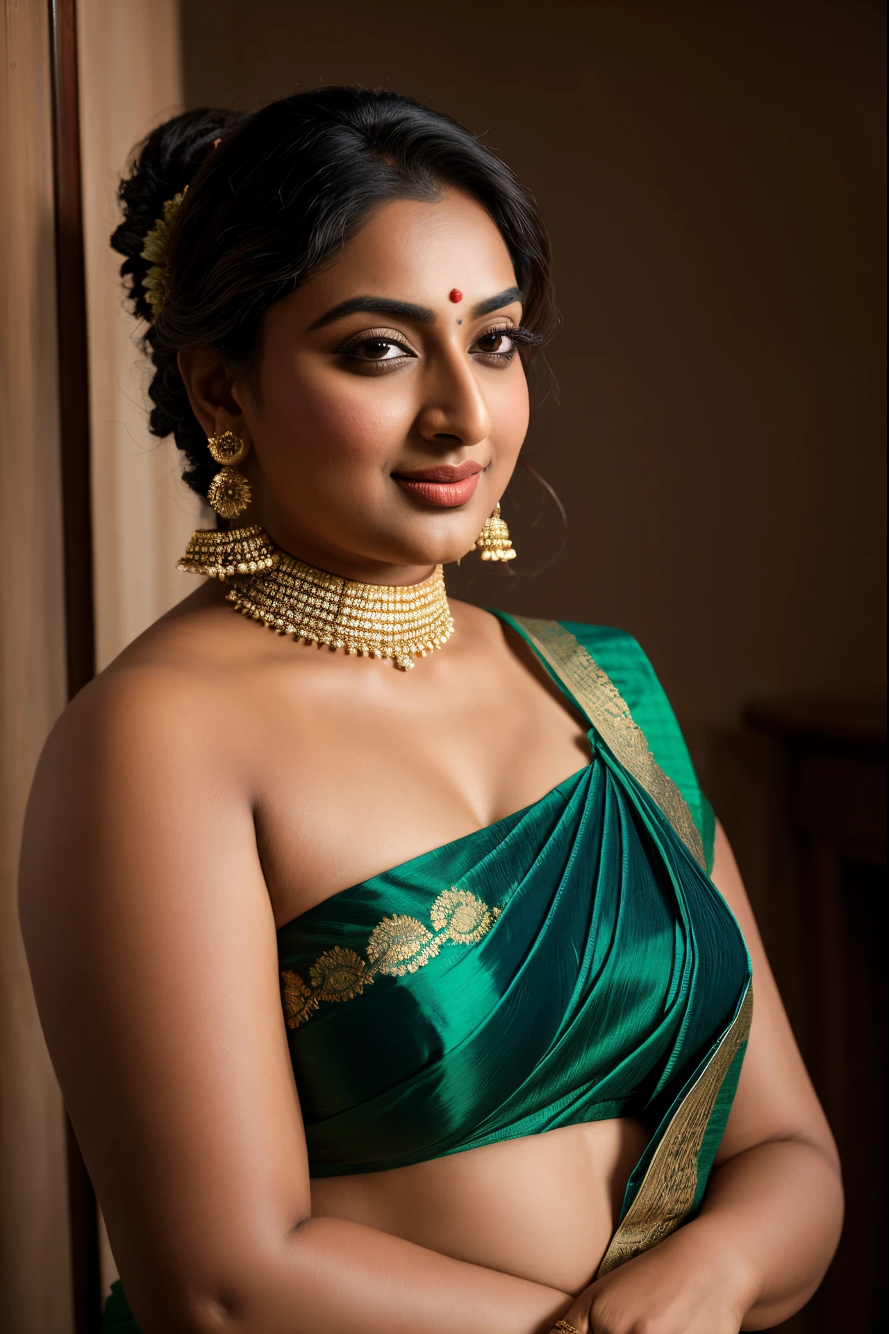 Foto RAW, photorealistic, photography, full body shot, master shot, goddess like beauty, perfect thick chubby mallu Desi aunty bhabhi, Wearing a Stanapatta, a chest-band.Saree model, model Photography, Indian saree shoot, Indian traditional wear advertising photography, traditional wear brand shoot, face of Indian actress Sonakshi Sinha, masterpiece, realistic, realism, incredible details, sensual pleasure, photorealism, detailed skin, skin pores, high contrast, photorealistic Artstation 8k HD digital art trend of high definition and detailed realistic skin texture, ultra detail, realistic skin texture, armature, best quality, ultra high definition, (photorealistic:1.4),, high resolution, detail, raw photo, Re sharp, by Lee Jefferies Nikon D850 Film Stock Photo 4 Kodak Portra 400 Camera F1.6 Lens Rich Color Ultra Real Realistic Realistic Textures Dramatic Lighting Unreal Engine Trending at Art Station Cinestill 800,(pele altamente detalhada: 1.2), 8k UHD, DSLR, soft-lighting, alta qualidade, grain of film, Fujifilm XT3,she didn't like to wear blouse or bra, she is happy to wear only saree, she hates blouse or bra,