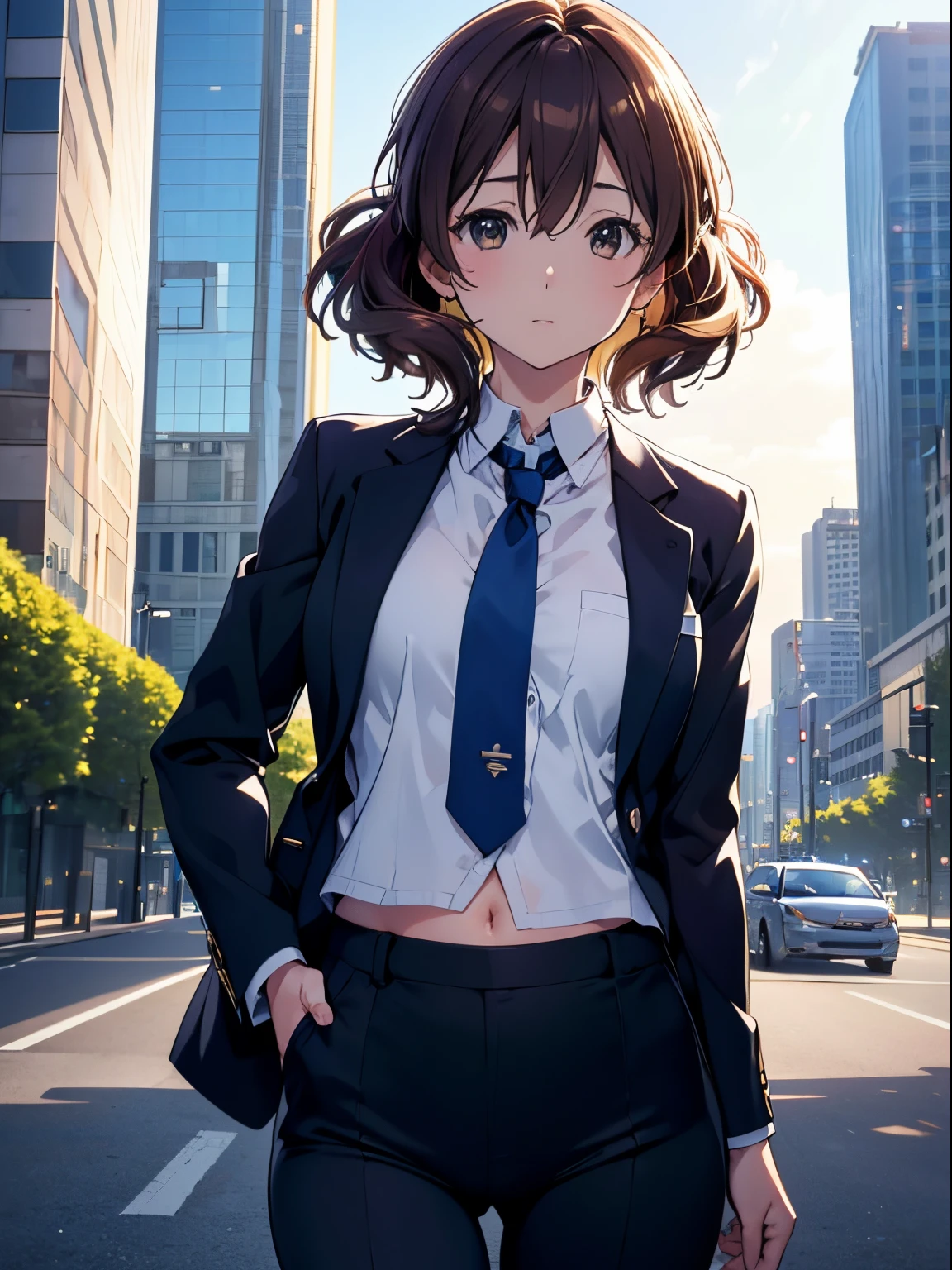 ultra-detailliert, hight resolution, 8ＫImagen、(Realistic, Photorealistic: 1.4), salaryman、Suits、8K、A woman in a suit with a white shirt and black pants is posing,  (SFW) safe for work, Kumiko,front-facing view、The absolute standard is the center of the navel、Cowboy Shot、Watching the viewer、