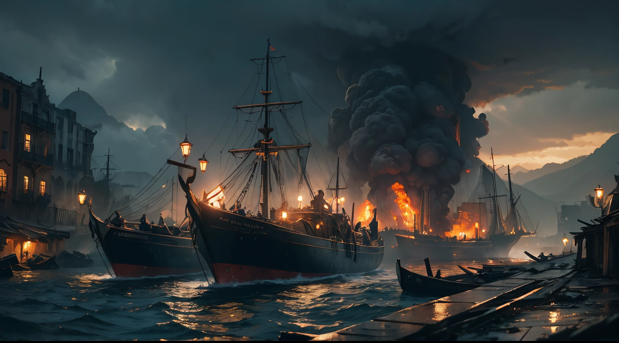 (Dark Fantasy)
(noite) Rain marks in the water. Storm in the ruins. A colossal harbor with a myriad of small black steam-powered boats in the background.