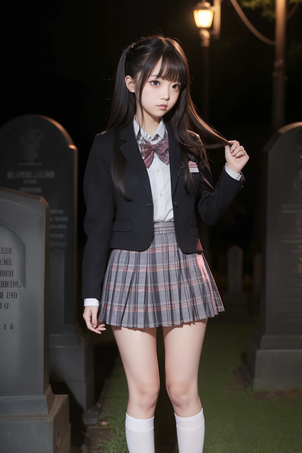 analogue photo of CascaAkashova, (wearing school uniform, skirt leather:1.3), graveyard, upper body, golden hour, eye level,