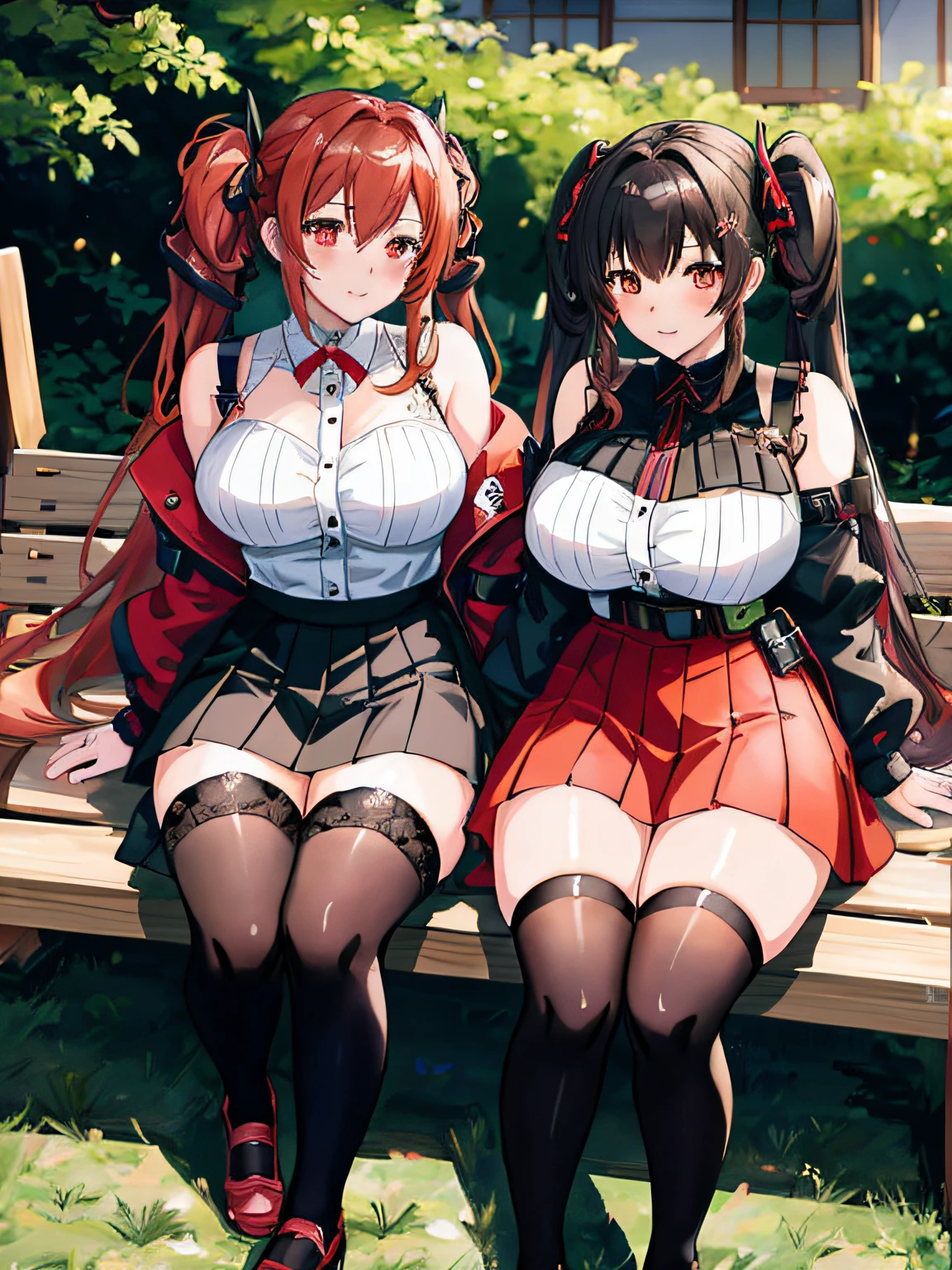 Two women sitting arm in arm on a bench, two beautiful anime girls, Anime Girls, Twin-tailed, nixeu and sakimichan, wlop and sakimichan, Ecchi anime style, red and black and white, anime highly detailed, Fine details. girls' frontline, Two girls, Black and white and red, biomechanical oppai