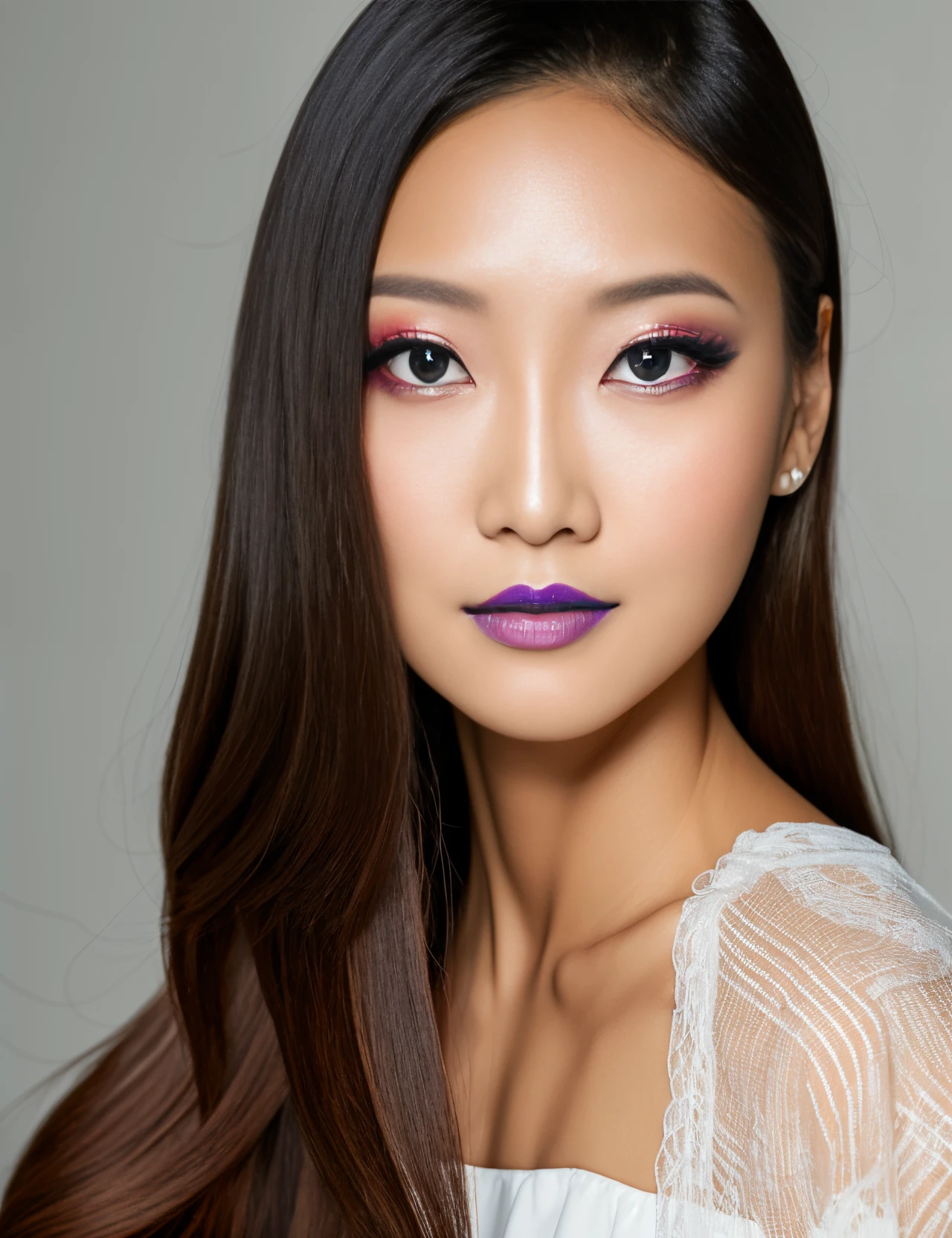 Female in her 20s, single-layered, slanted eyes, long face, fair skin, blue makeup