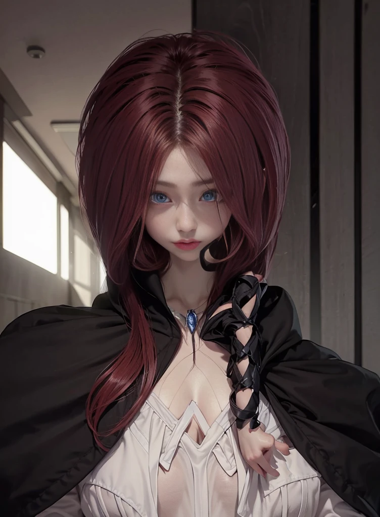 fluorescent red hair long hair,Nice face,red bikinis,Heterochromatic pupil,apathy,Expressionless,Full body photo