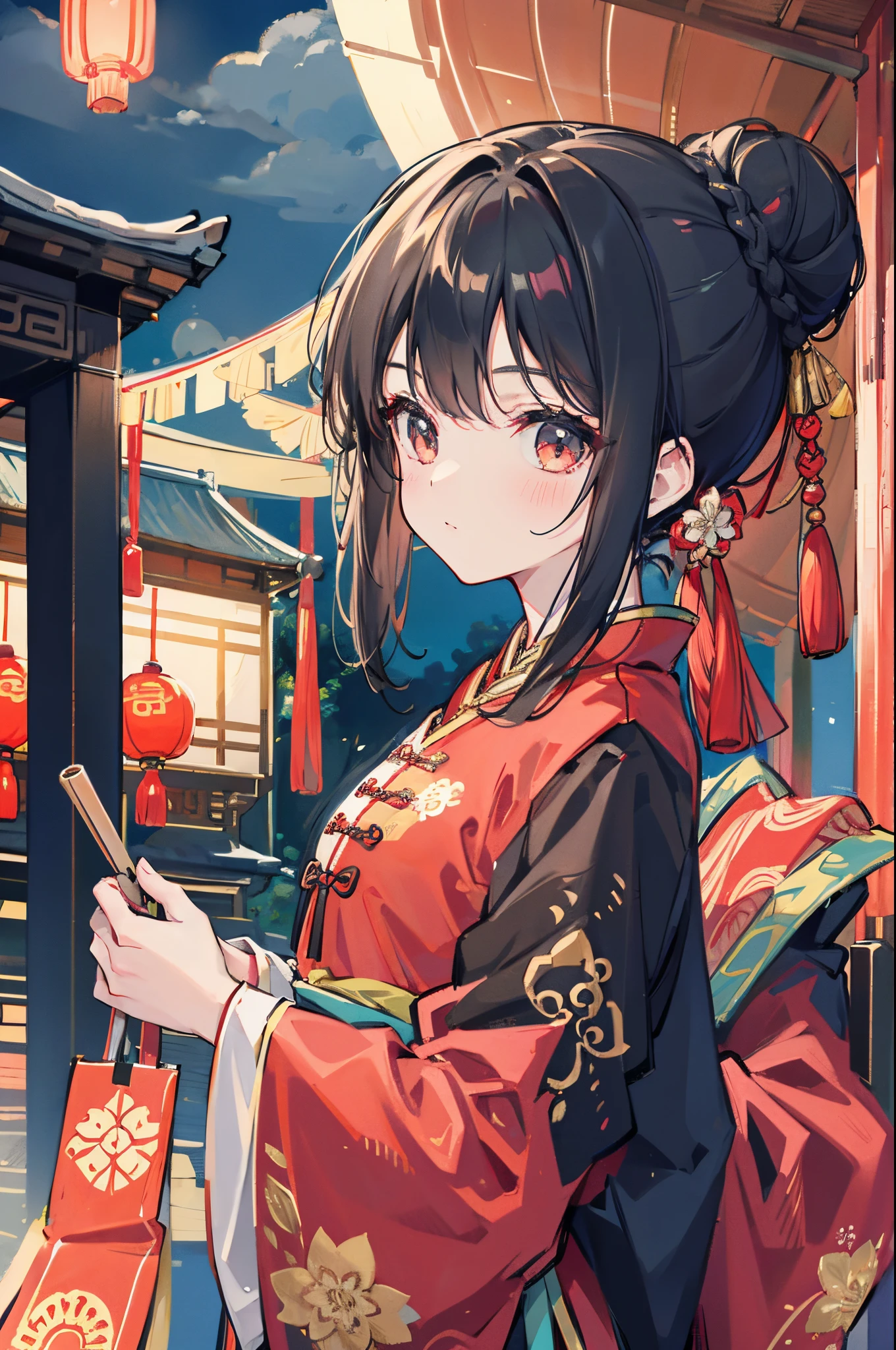 traditional chinese clothing, Black hair, Bun Hairstyles.