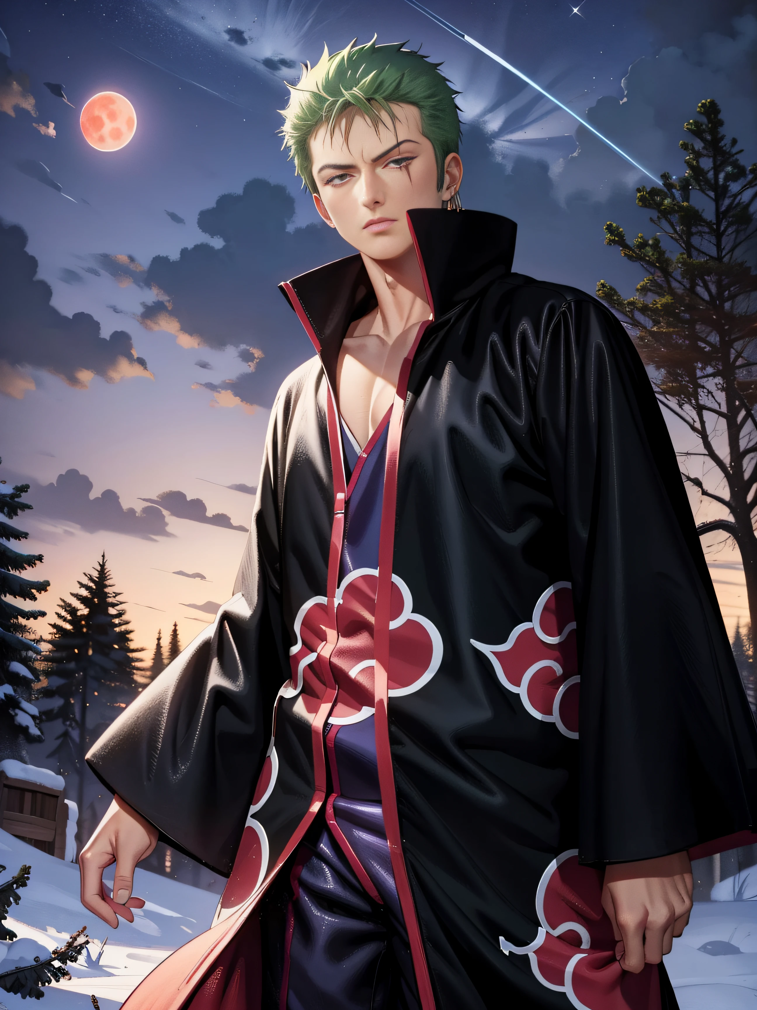 (masterpiece), (best quality), ultra high res, professional artwork, ultra detailed, intricate, detailed face, perfect lighting, 1boy, green hair, (purple eyes), AKATSUKI OUTFIT, ninja, black cloak, black coat, high collar, collarbone, head, night, night sky, crescent moon, red moon, outdoors, (cowboy shot, far shot), blunt bangs, Roronoa Zoro, Zoro,