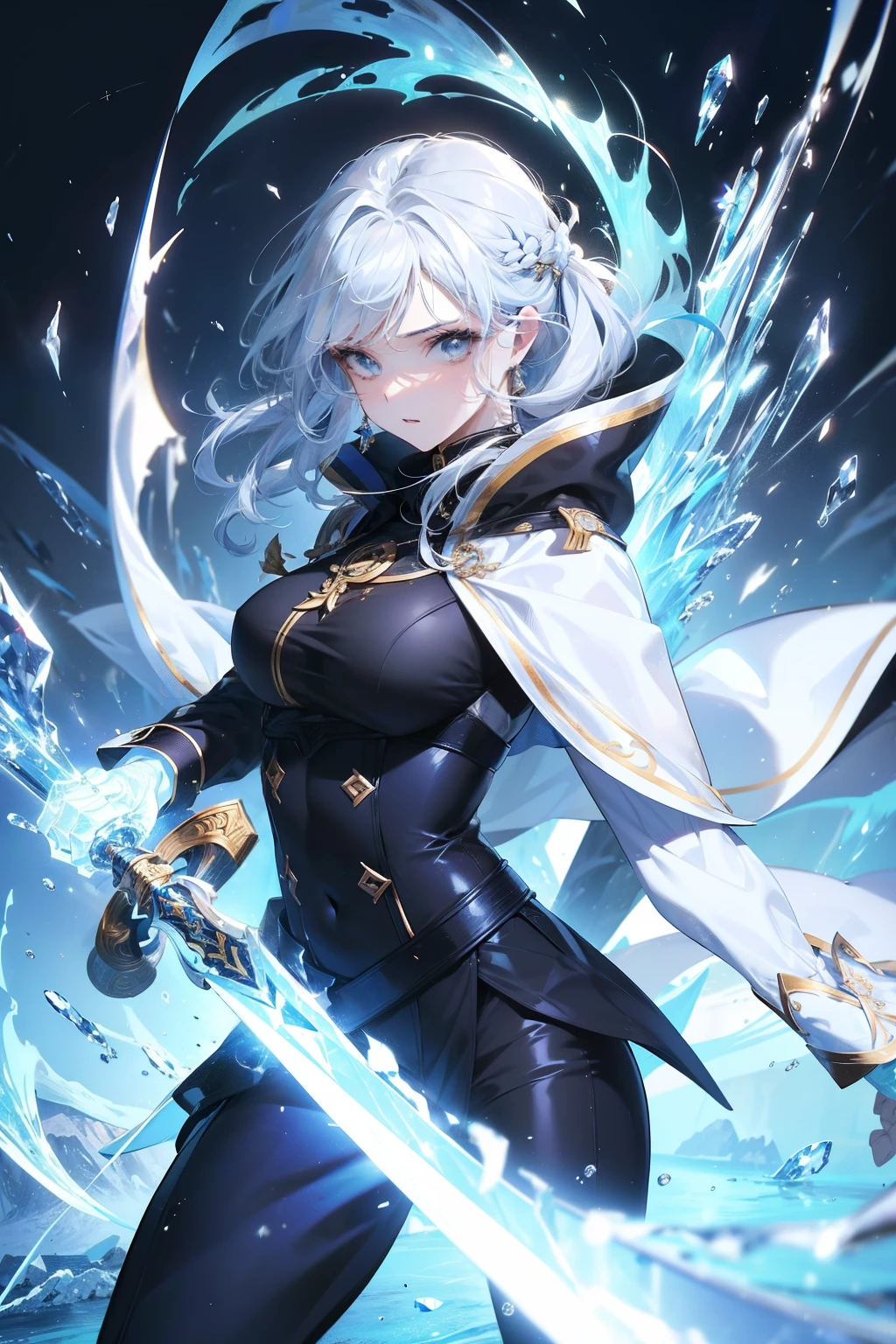 (best quality, high resolution), ultra-detalhado, Woman, jovem, 19 anos, espadachim, longos cabelos brancos, pele branca de neve, olhos frios, olhos azuis de cristal, black uniform with black pants, roupas pretas, Capa branca com capuz. Espada loga de cristal, reluzente, (Espada ultra-detalhada, high resolution, best quality). brinco, fundo de cristal