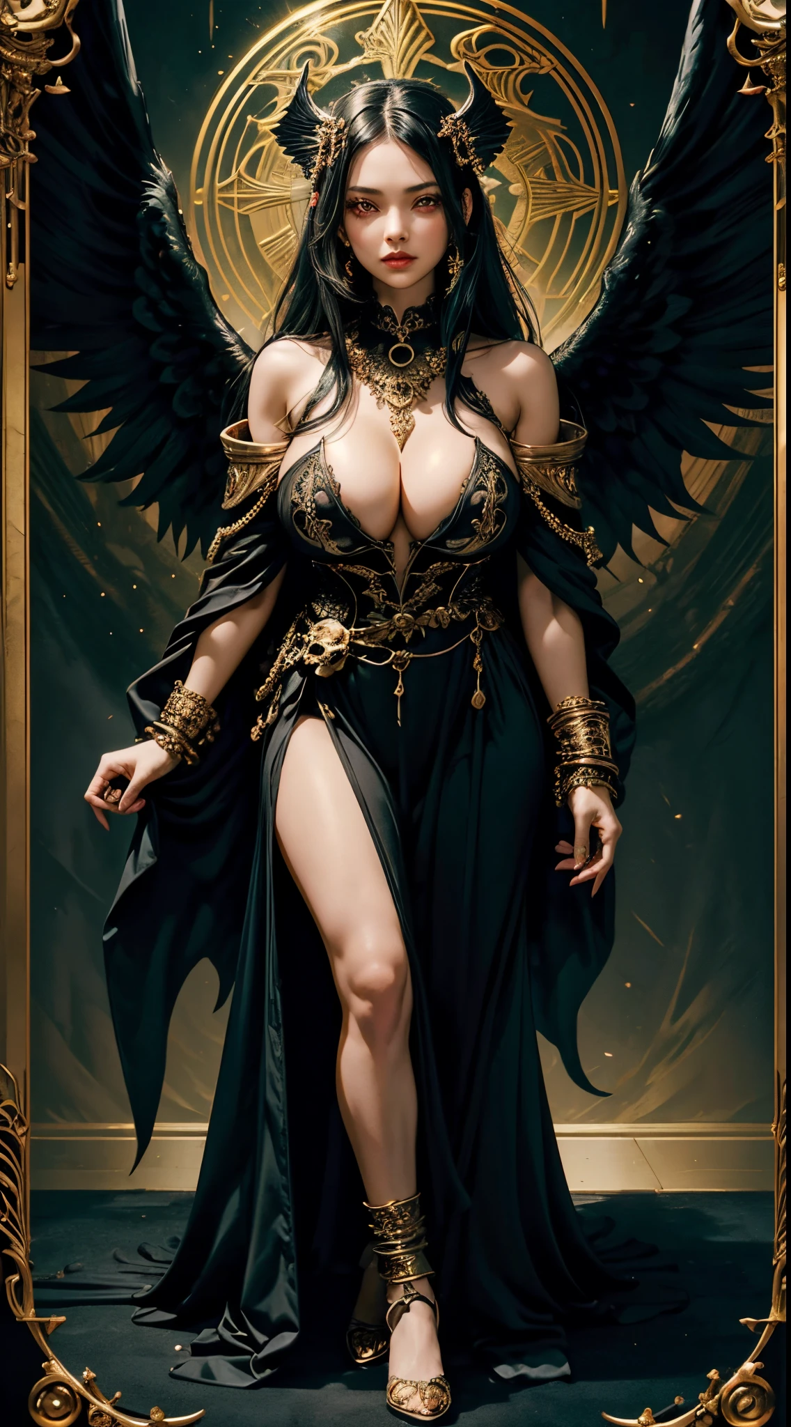 1 girl, red eyes, black hair, big breasts, gold ornament, hands holding skull, massive black angel wings, black satin long dress, cleavage, looking at viewers, tarot background, greenish aura