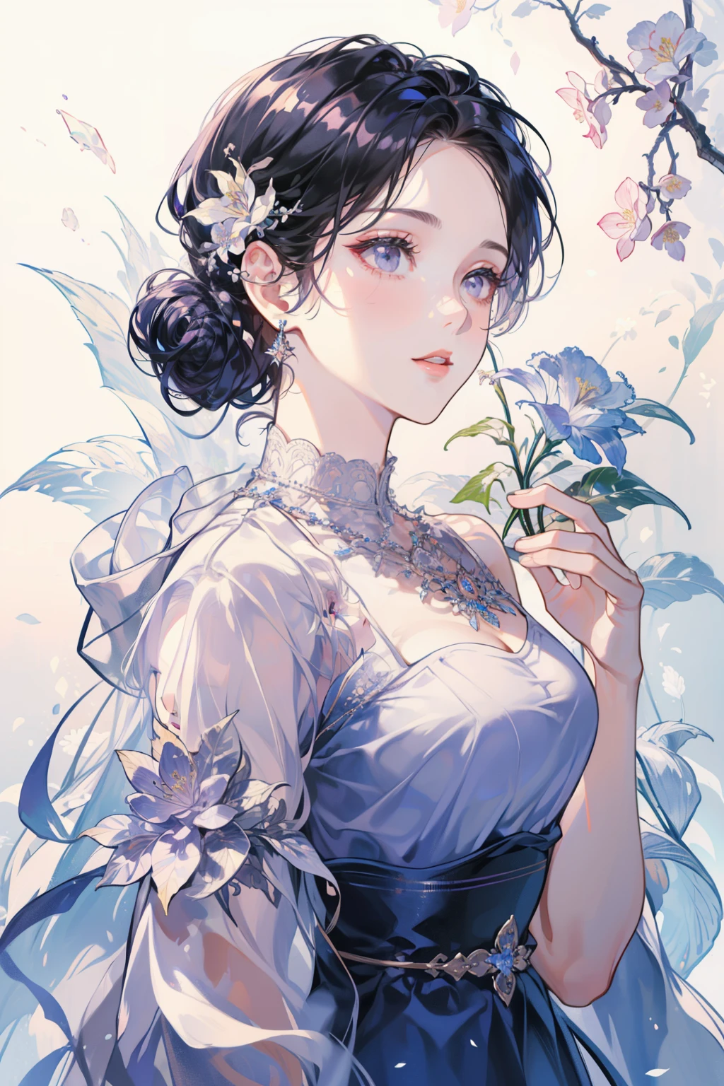 (Best quality at best, 4K, A high resolution, tmasterpiece:1.2), Elegant dynamic portrait,a stunning beautiful girl,Blue hair tied up elegantly, Decorate with jewelry, adiamondnecklace, (Put on a big cloak), Clear purple eyes, (Hair decorated with delicate flower arrangements, crystal jewelry string), ultra - detailed.