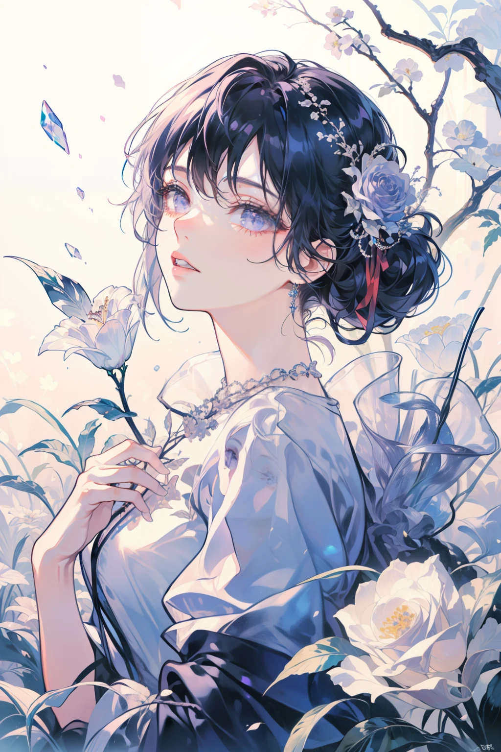 (Best quality at best, 4K, A high resolution, tmasterpiece:1.2), Elegant dynamic portrait,a stunning beautiful girl,Blue hair tied up elegantly, Decorate with jewelry, adiamondnecklace, (Put on a big cloak), Clear purple eyes, (Hair decorated with delicate flower arrangements, crystal jewelry string), ultra - detailed.