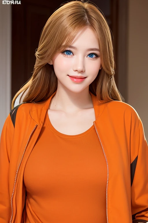 ((blue color eyes))，((whitet-shirt))，1个Giant Breast Girl,prette，eye closeup，The upper part of the body,Toothy smile, long whitr hair, middlebreast，White T-shirt，jaqueta laranja，blue backdrop，