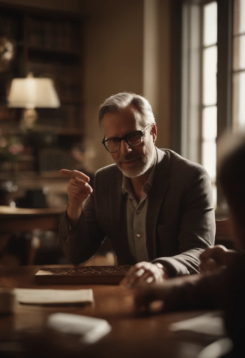 portrait of a father,No kids,professor,explaining finance,tuition,one hand on the table