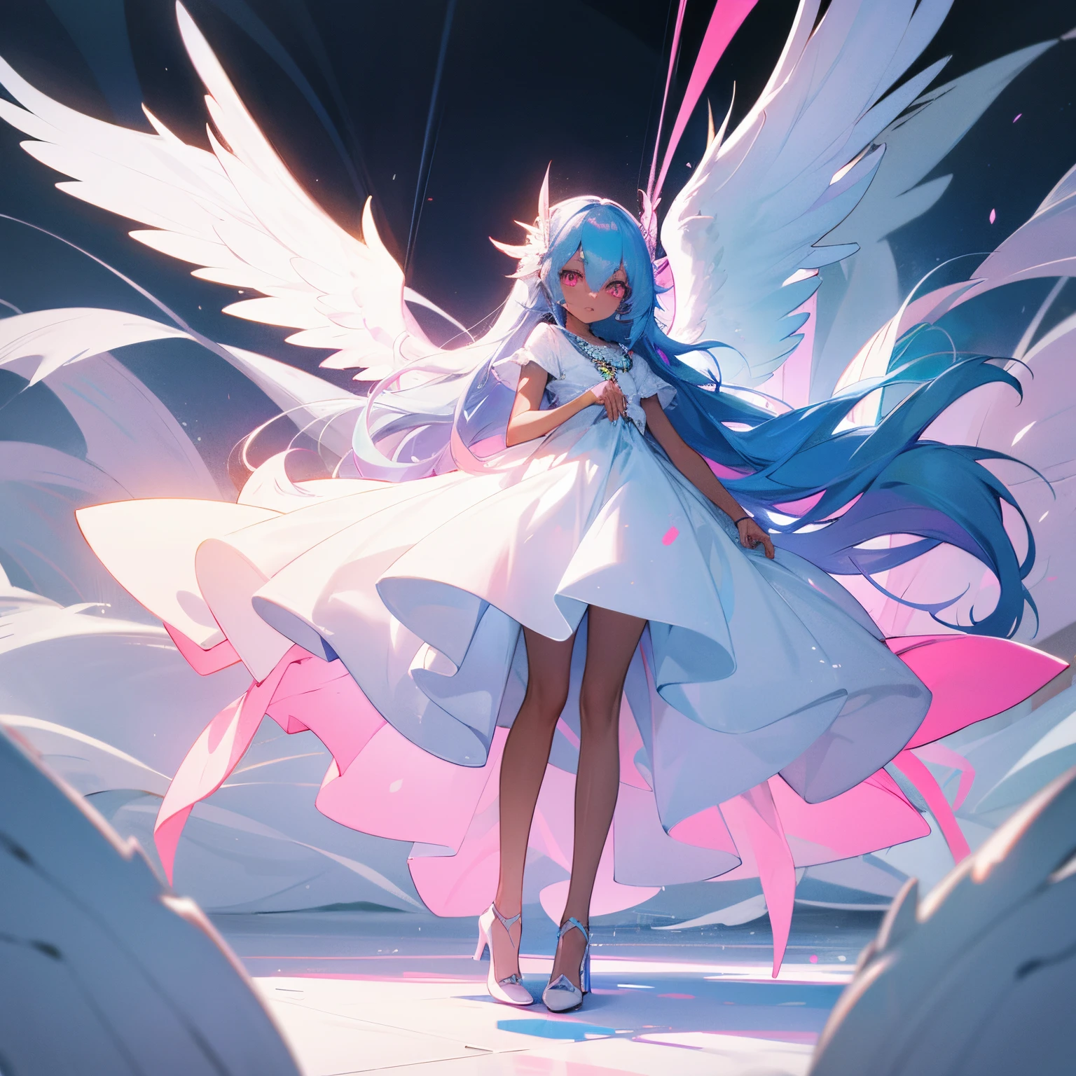 A black girl with, long light blue hair, very long all white dress, white heels,tall, Angel, pink eyes,black skinned girl