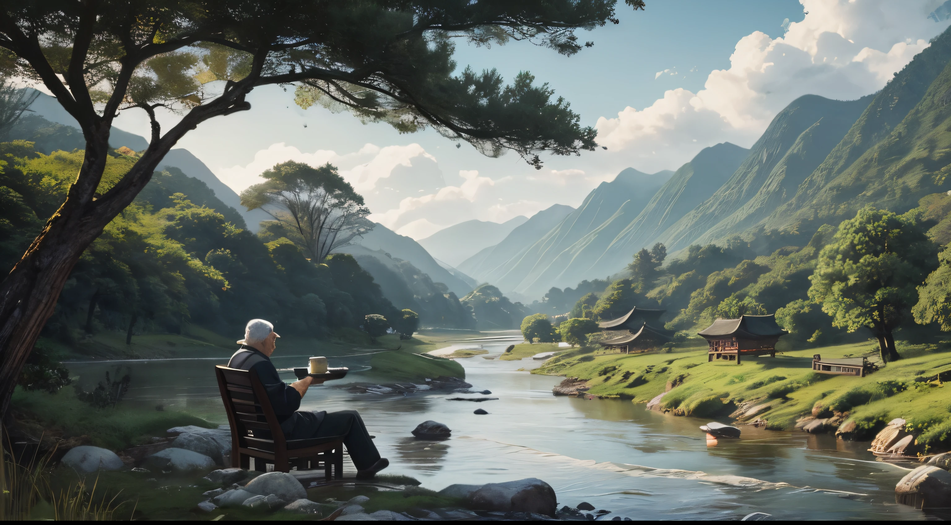 Rolling mountains,Emerald trees,An old man with white hair in the river flowing in the distance,Sit by the river and fish,Another old man is holding a tea cup,with a calm expression。,drink tea quietly,Using ink painting style to present the image of landscape looking into the distance,Render profound artistic conception、The quiet atmosphere contains elements of traditional Chinese culture.,like an old man、Tea culture、landscape artistic conception, ETC. ;k hd