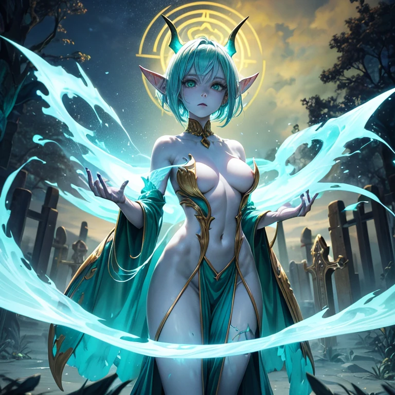 Ghost elf girl with translucent body and skin stand in the middle of the graveyard , golden horns reflection lights , look to viewer, turquoise hair, green eyes,((perfect anatomy, perfect hands, perfect face)) ,masterpiece,, druid clothes,