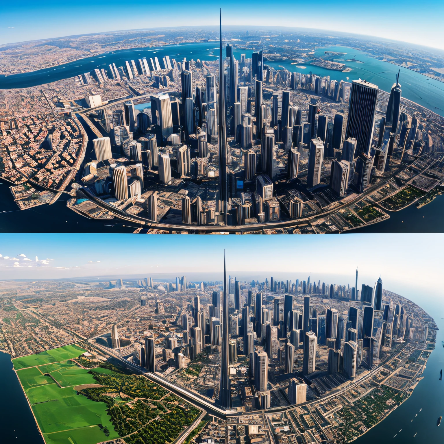 Ideal utopia, city from parallel reality, A perfect world, That is ok, tranquility, View from above, Electropunk style city, hyper-detailing, hyper realisitc, hight resolution, Best Quality, full body wide angle