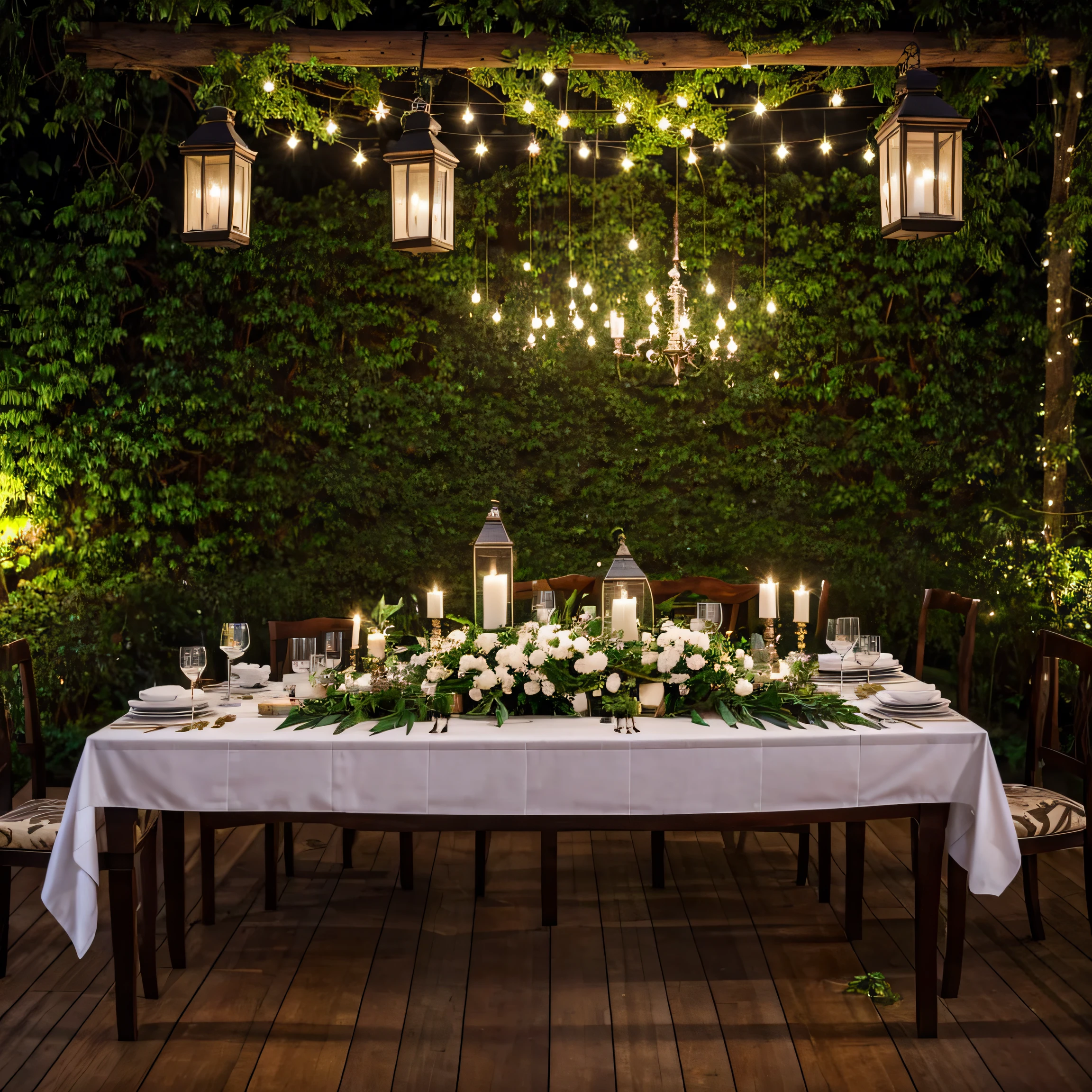 oda'There is a table here,There is a bouquet of flowers on it, romantic greenery, Lush chic garden, Central symmetry, Stunning mysterious background, Gorgeous and intricate backgrounds, Lush plants and lanterns, ornate backdrop, Lush foliage and magical details, Flower painting background, Garden setting, Lush foliage, Long table, exquisite floral details, Lush greenery, sumptuous buffet table, Stunning composition