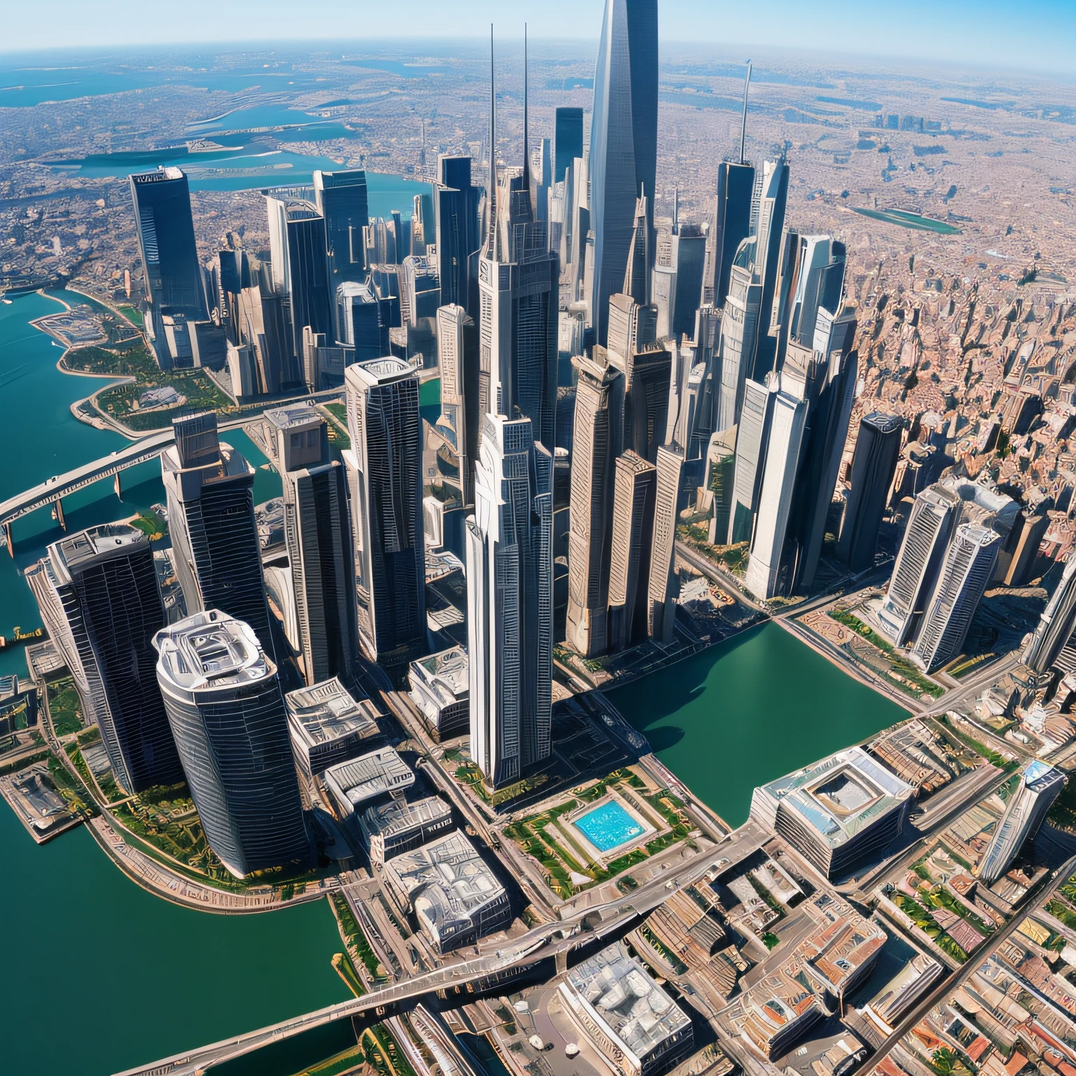 Ideal utopia, city from parallel reality, A perfect world, That is ok, tranquility, View from above, Electropunk style city, hyper-detailing, hyper realisitc, hight resolution, Best Quality, full body wide angle