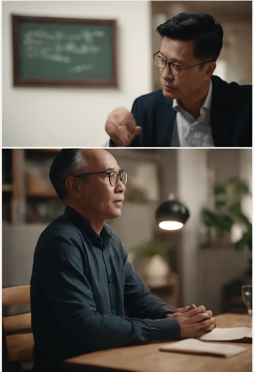 portrait of a father，No kids，professor，explaining finance，tuition，one hand on the table，Asian