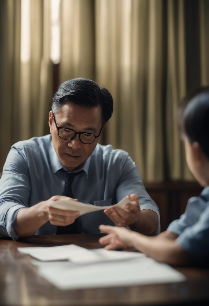 portrait of a father，No kids，professor，explaining finance，tuition，one hand on the table，Asian