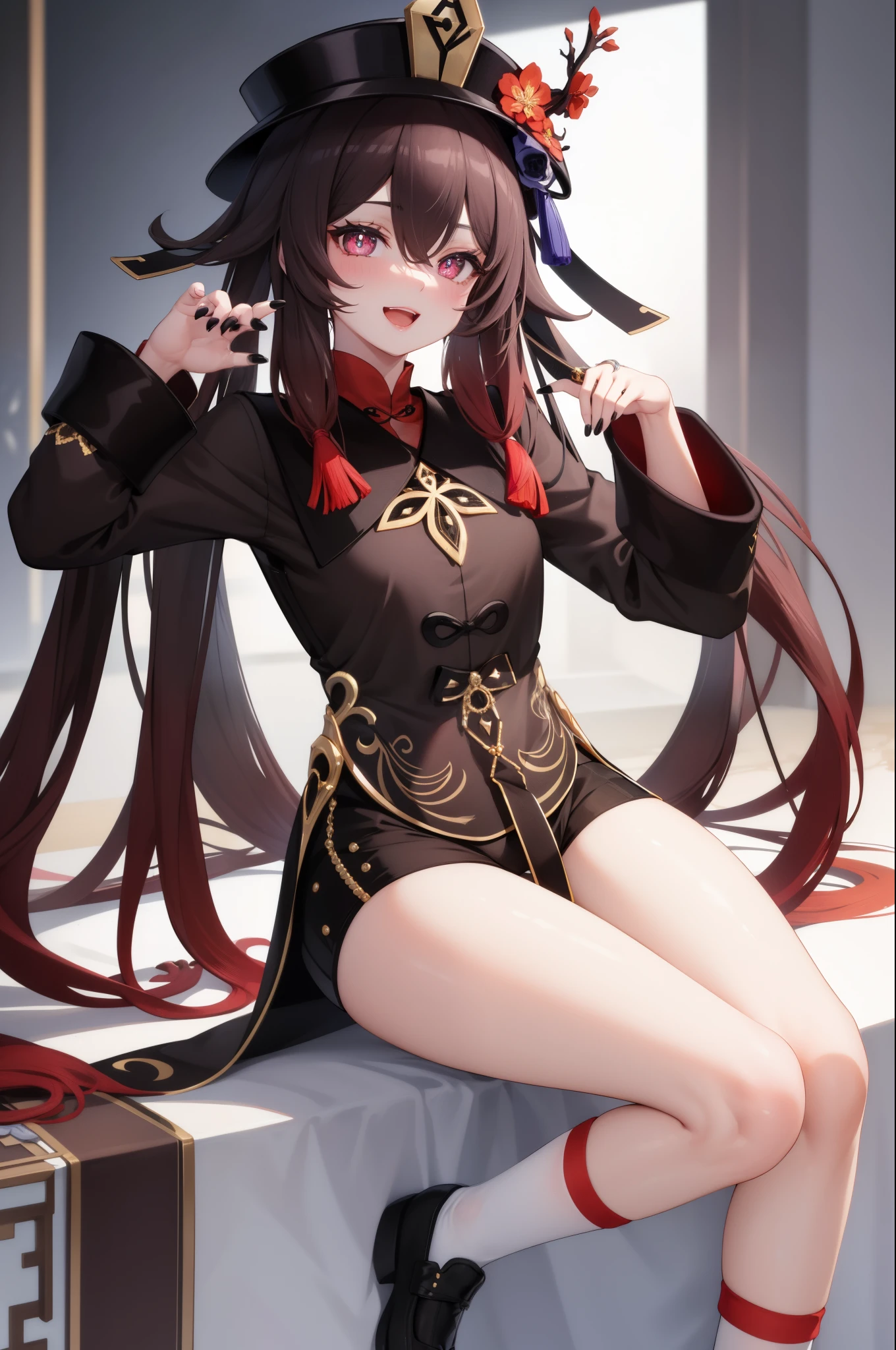 1girl in,Hu Tao,Evil smile,Half-closed eyes,Heart-shaped pupil,blush,Open mouth,yandere,Sweating,Heavy breathing,steam,Sitting,thighs thighs thighs thighs,thighs focus, Spread thighs,Small breasts,From below,legs focus,hotpants,hat,red flower in the hat,Small breasts,From below,Feet,Bare legged,feet focus,sole of feet,(5 toes 1.5),Mansuji,detaileds,Top image quality,shiny thighs