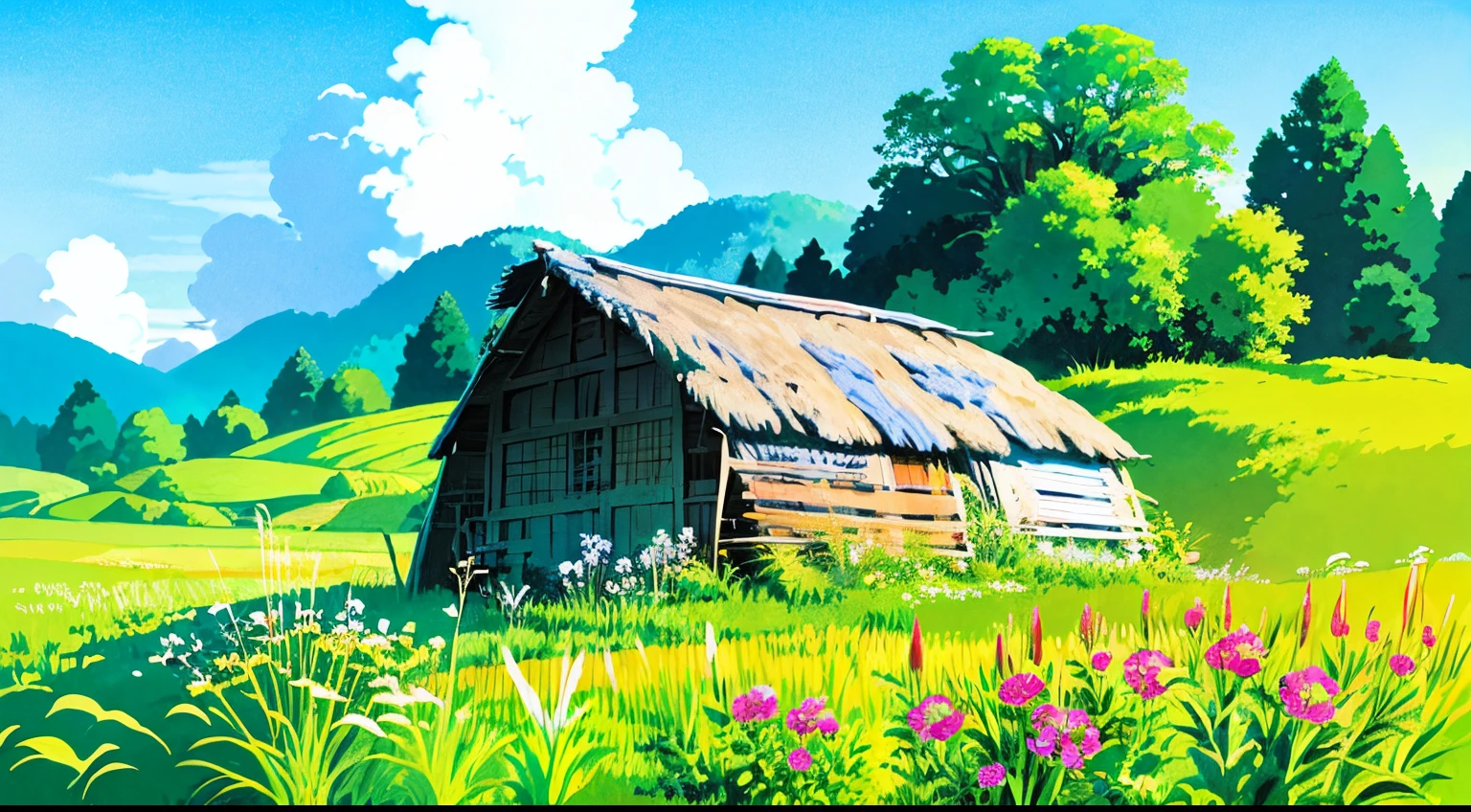 A small wooden hut on a meadow, grasses, flower plants, blue sky, big white clouds, ghibli style, anime style, digital art, magnificent, vibrant, colorful, hdr, 4k, tall grasses