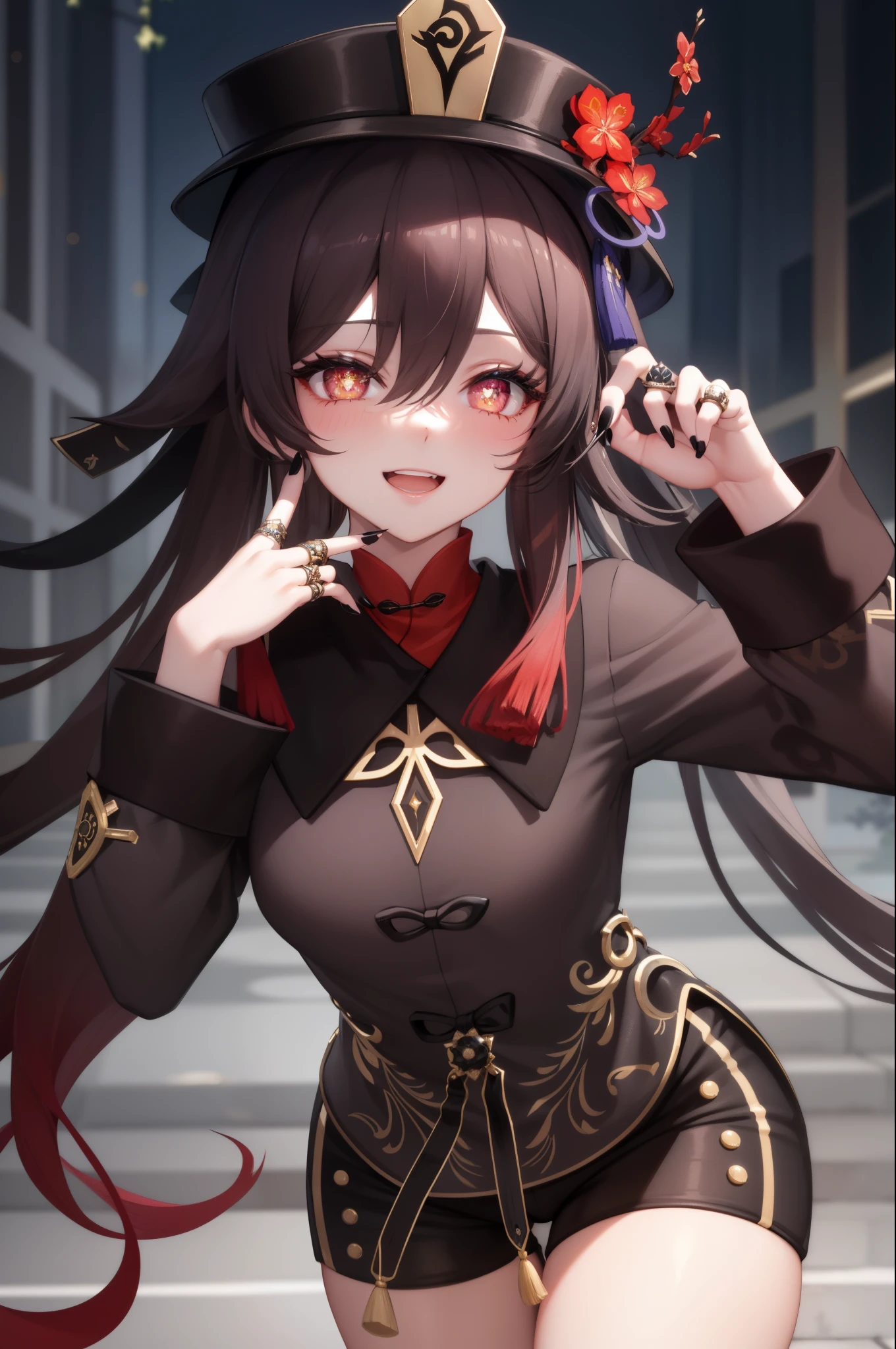 masterpiece, best quality, HuTaoV4, 1girl, solo, looking at viewer, symbol-shaped pupils, flower shaped pupils, blush, smile, open mouth, long sleeves, hat, jewelry, flower, thighs, shorts, socks, nail polish, black headwear, chinese clothes, black shorts, ring, all fours, black nails, hat flower,