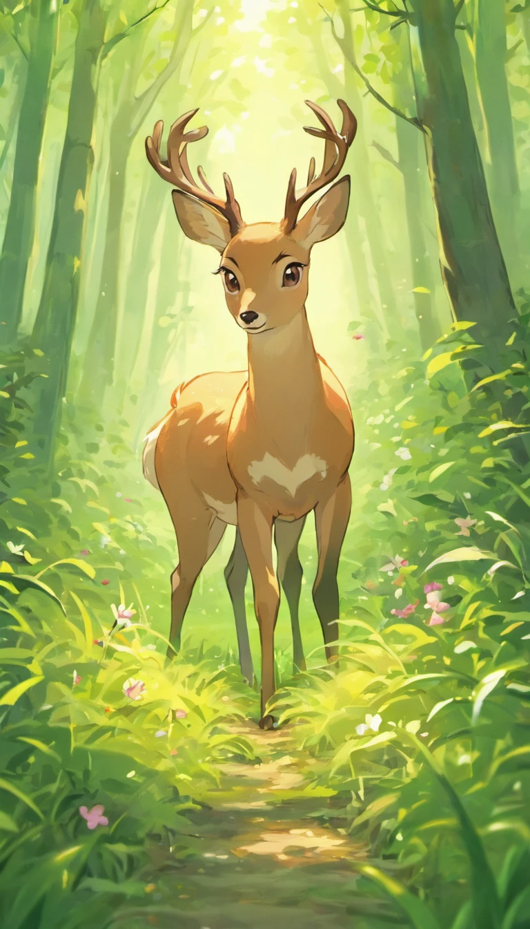 small deer，foraging in the forest，Soft grass，flowers surround you，an apple tree，close-up，8K，High quality
