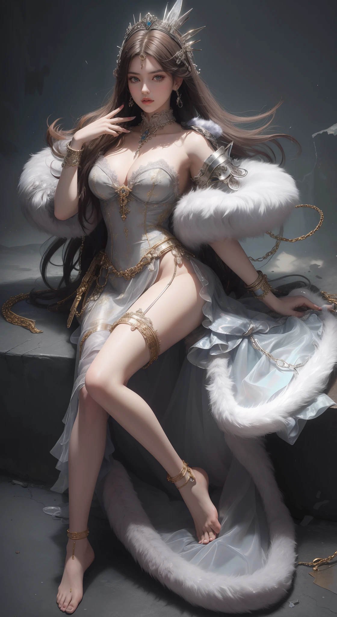 tmasterpiece,Highest image quality,Beautiful full body of a humble sex slave,Clear eyes,Decorated with metal collars and fur garments,metalcollar,Barefoot,handcuff,gender ,Ultra-detailed details,advanced,At the Pixiv Art Station,Break your own power,Luigi,Big breasts exposing cleavage,R-18G