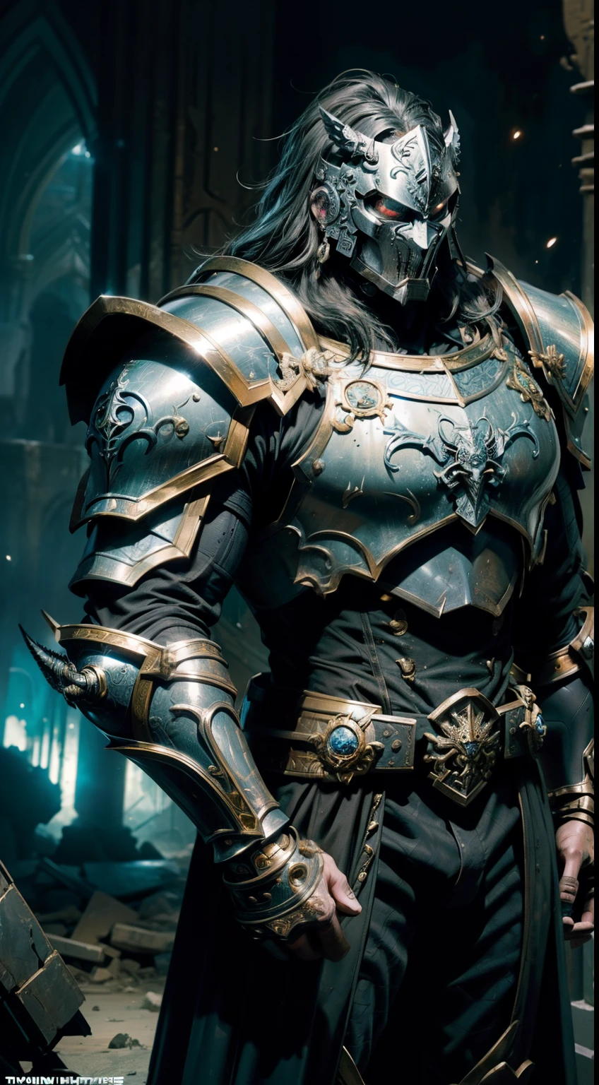 Knight Man (illustration detailed: 1.3) (full bodyesbian: 1.3) 8K resolution photos, Splash Art, fantastic comic book style, Fotorrealista, intense visuals, Anatomically realistic digital painting, a portrait of a man (mtu: 1.3), One guy (Warriors: 1.3) Black and gold, (heavily armored: 1.3) in a (Dark universe: 1.3), light particules, Very detailed skin, Warriors, very detail eyes (Antique ring style: 1.3), ( warhammer style:1.1), Concept artist, global ilumination, depth of fields, Splash Art,