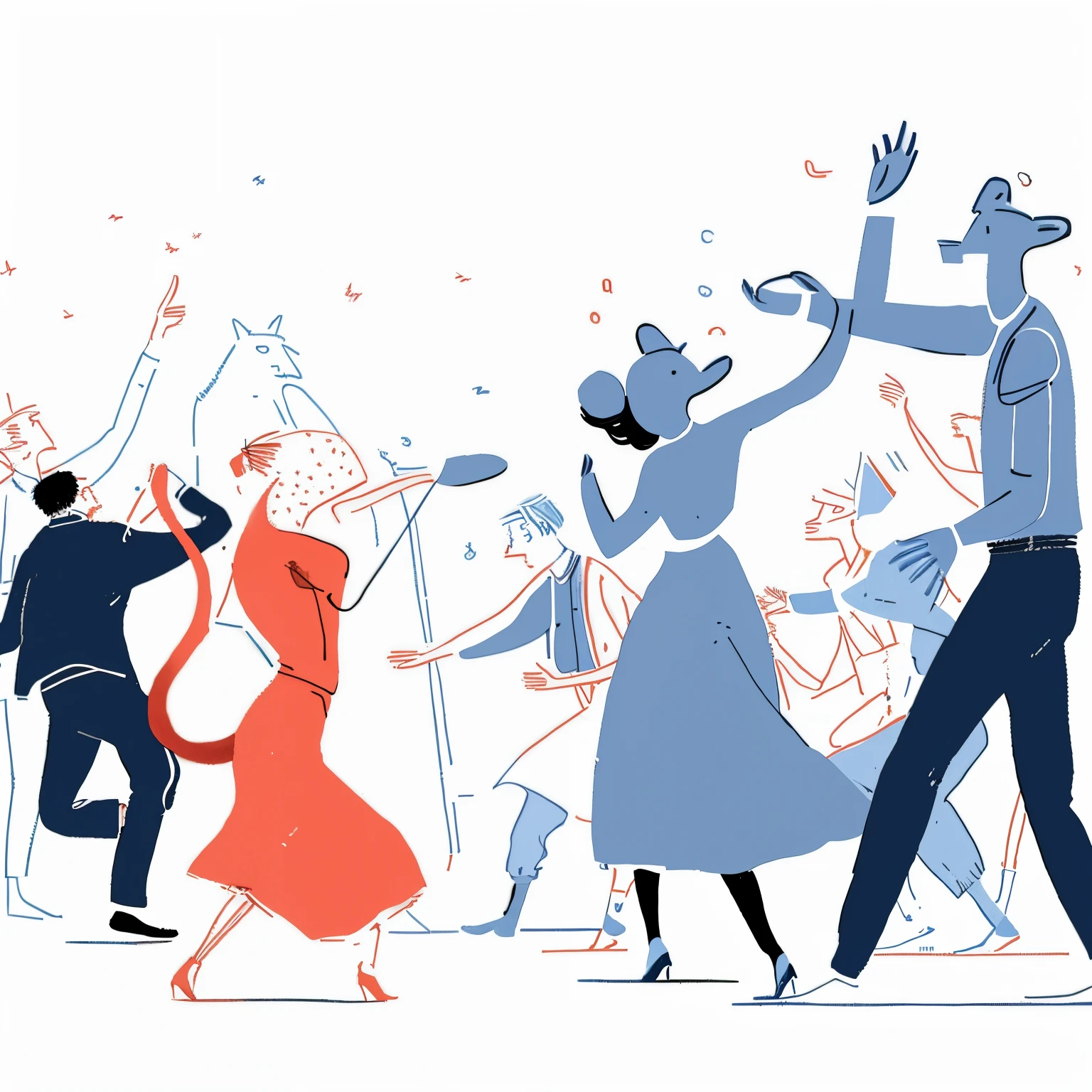 (best quality,4k,highres),(realistic:1.37),ultra-detailed,illustration,illustration style,by Karel Xavier Russell,by Tobias Steiner,inspired by Kerry Morris,dancing people,by Matisse Nave,inspired by Pascal Campion,illustration!,by Zofia Stryjenska,by Sylvia Pellegrino,people dancing in the background,a group of animals singing and dancing