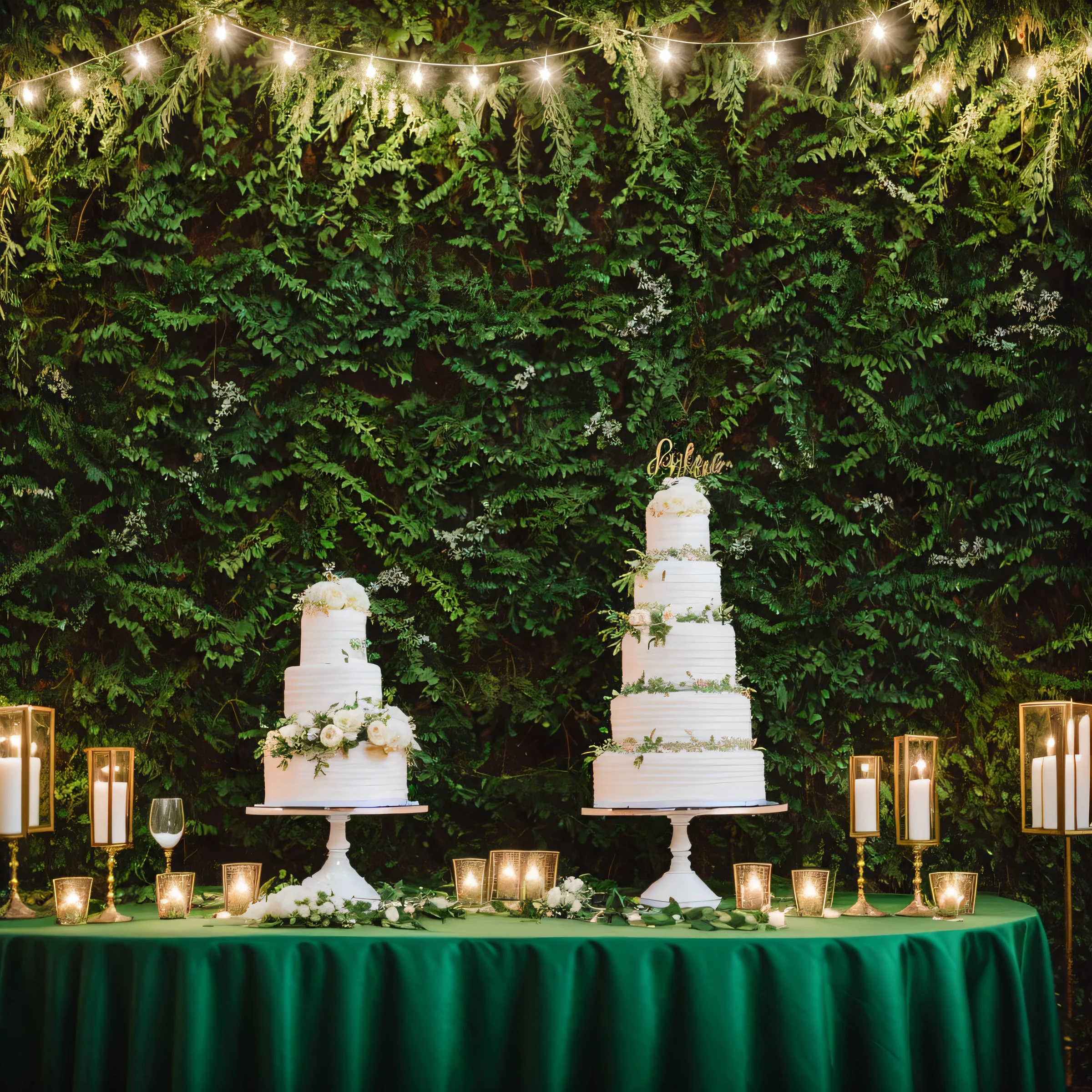 wedding cake on table,There are candles and flowers on the table, romantic greenery, Gorgeous and complex background, Flower painting background, Green plant wall, It was also decorated with a row of champagne-colored flowers.., Lush chic garden, elaborate composition, Weddings, forest backgrou, There are lights,natta