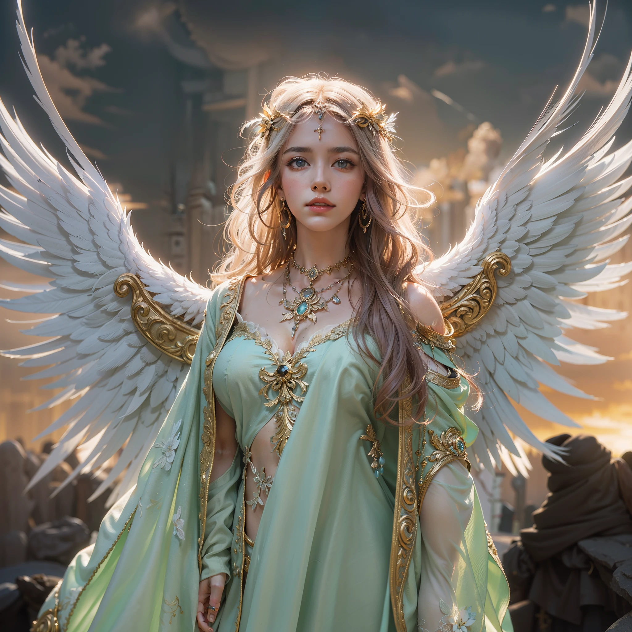 (Numerous award-winning masterpieces of, With incredible details, textures and maximum detail), (full-body standing image:1.8), (up of the upper body:0.3), (Ultra photo realsisim:1.4), (Realistic:1.3), (best quality real texture skin), (Fine true circle Symmetrical eyes), (Beautifully drawn beautiful face), (An angelic ring of divine brilliance on the head:1.8), ((medieval world)), (Elegant and sacred white clothing,Exquisite workmanship: 1.8), (The Lord's Black Angel or the Lord's Day Angel:1.6), (full-body standing image:1.8), (Beautiful kind eyes), (She had a happy smile on her face), (Colorful eyes are full of sympathy), (full-body standing image:1.8), Shining majestic cloud masses and sky, (halo optical phenomenon:1.3), (Angels dancing in the background), (Dramaticlight), (A majestic sight), (Her expression was serene and full of tenderness,Tremendously beautiful), ((large wings,There are pure white feathers behind the shoulders)), (((Folded wings))), Glass earrings on the ears, (((Dramatic photo))), (Twilight), (Sunset), (Dusk), (Divine pose), (Golden hair), (Silver hair), (maroon hair), short detailed hair, ((head looking up)), ((Looking down)), ((gives full-body standing image)), (Around her neck is a simple necklace of exquisite workmanship), Old ruins infested with plants, great temple, great cathedral, Temple ruins, detached temple, (Luminous magic circle), Ancient Castle Site, Deserted ruins, crumbling ruins, Ancient ruins with clear water, holy rays, epic realistic, ((com cores neutras)), (hdr:1.5), (pastel colour:1.2), ultra - detailed, Cinematic, warm lights, Dramaticlight, (Intricate details:1.1), the complex background, Highly detailed, Ultra-realistic, Intricate details, Painting (artwork of a), ((Masterpiece,Best quality)), ((Cinematic light)), fearsome, Dark fantasy, Faded, ((com cores neutras)), art, (Art Station:1.5), Light effect, Dramaticlight, (Intricate details:1.1), the complex background, (greg rutkovsky:0.8), (Teal and orange:0.4),