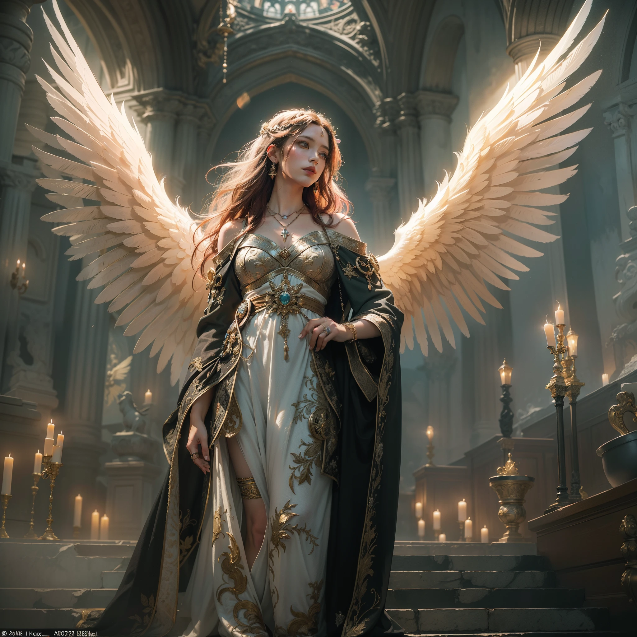 (Numerous award-winning masterpieces of, With incredible details, textures and maximum detail), (full-body standing image:1.8), (up of the upper body:0.3), (Ultra photo realsisim:1.4), (Realistic:1.3), (best quality real texture skin), (Fine true circle Symmetrical eyes), (Beautifully drawn beautiful face), (An angelic ring of divine brilliance on the head:1.8), ((medieval world)), (Elegant and sacred white clothing，Exquisite workmanship: 1.8), (The Lord's Black Angel or the Lord's Day Angel:1.6), (full-body standing image:1.8), (Beautiful kind eyes), (She had a happy smile on her face), (Colorful eyes are full of sympathy), (full-body standing image:1.8), Shining majestic cloud masses and sky, (halo optical phenomenon:1.3), (Angels dancing in the background), (Dramaticlight), (A majestic sight), (Her expression was serene and full of tenderness，Tremendously beautiful), ((large wings，There are pure white feathers behind the shoulders)), (((Folded wings))), Glass earrings on the ears, (((Dramatic photo))), (Twilight), (Sunset), (Dusk), (Divine pose), (Golden hair), (Silver hair), (maroon hair), short detailed hair, ((head looking up)), ((Looking down)), ((gives full-body standing image)), (Around her neck is a simple necklace of exquisite workmanship), Old ruins infested with plants, great temple, great cathedral, Temple ruins, detached temple, (Luminous magic circle), Ancient Castle Site, Deserted ruins, crumbling ruins, Ancient ruins with clear water, holy rays, epic realistic, ((com cores neutras)), (hdr:1.5), (pastel colour:1.2), ultra - detailed, Cinematic, warm lights, Dramaticlight, (Intricate details:1.1), the complex background, Highly detailed, Ultra-realistic, Intricate details, Painting (artwork of a), ((Masterpiece,Best quality)), ((Cinematic light)), fearsome, Dark fantasy, Faded, ((com cores neutras)), art, (Art Station:1.5), Light effect, Dramaticlight, (Intricate details:1.1), the complex background, (greg rutkovsky:0.8), (Teal and orange:0.4),
