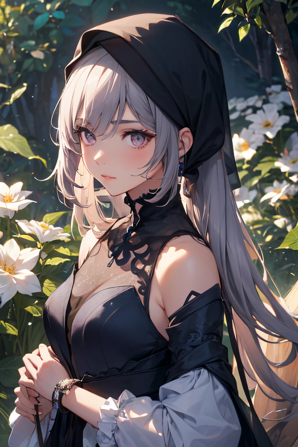 (best quality,4k,8k,highres,masterpiece:1.2),ultra-detailed,(realistic,photorealistic,photo-realistic:1.37),portraits,hijab,garden,beautiful detailed eyes,beautiful detailed lips,extremely detailed face,long eyelashes,soft and natural lighting,vibrant colors,flowing fabrics,serene atmosphere,peaceful expression,feminine pose,botanical elements,inspiring and tranquil setting,subtle textures,A girl dressed in an elegant hijab standing gracefully in a vibrant garden. She has beautiful, detailed eyes and lips that exude calmness and serenity. Her face is extremely detailed, highlighting the intricate features and long eyelashes. The garden surrounding her is filled with lush greenery, blooming flowers, and a variety of botanical elements. The lighting is soft and natural, casting a gentle glow on her face. The colors in the scene are vibrant and visually striking, creating a captivating visual experience. The hijab she wears is flowing and elegant, adding a touch of grace to her appearance. The overall atmosphere is peaceful, inspiring, and tranquil, creating a sense of harmony and beauty. Subtle textures add depth and richness to the image, enhancing the realism. This masterpiece of a portrait captures the essence of femininity, empowerment, and tranquility in a stunning and captivating manner.