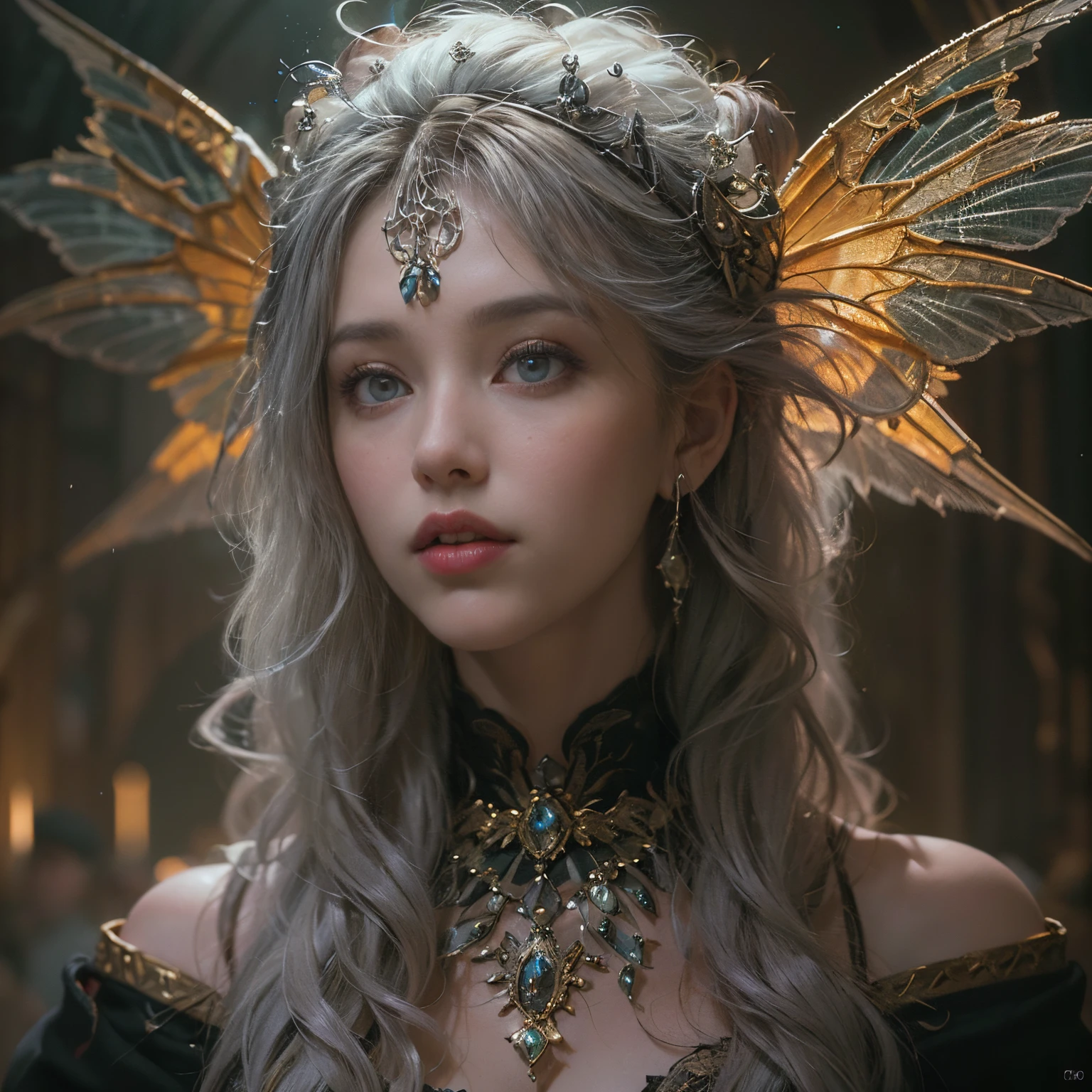 (Numerous award-winning masterpieces of, With incredible details, textures and maximum detail), (full-body standing image:1.8), (up of the upper body:0.3), (Ultra photo realsisim:1.4), (Realistic:1.3), (best quality real texture skin), (Beautiful fairy high wizard: 1.7), (Holding a long wizard's staff with elaborate decorations,Exudes a mysterious glow: 1.7), (Fine true circle Symmetrical eyes), (Beautifully drawn beautiful face), ((medieval world)), (Wearing a wizard's black hat: 1.6), (Pitch-black cloak with elaborate decorations: 1.6), (Cloak with elaborate decoration, Although it is damaged and faded: 1.5), (full-body standing image:1.8), (Beautiful clear eyes), (Slight smile), (Beautiful colored eyes full of joy), (A high-level fairy wizard who unleashes magic from your fingertips: 1.3), (Shining majestic cloud masses and sky:1.4), (A powerful glowing magic array: 1.3), Dramaticlight, A majestic sight, (There are 4 large transparent dragonfly wings behind the shoulders: 1.7), (((Folded wings))), Glass earrings on the ears, (((Dramatic photo))), (full-body standing image:1.8), (Golden hair), (Silver hair), (maroon hair), short detailed hair, ((head looking up)), ((Looking down)), (Around her neck is a simple necklace of exquisite workmanship), Old ruins infested with plants, great temple, great cathedral, Temple ruins, detached temple, (Luminous magic circle), Ancient Castle Site, Deserted ruins, crumbling ruins, Ancient ruins with clear water, Highly detailed, Ultra-realistic, Intricate details, Painting (artwork of a), ((Masterpiece,Best quality)), ((Cinematic light)), Ultra photo realsisim, fearsome, Dark fantasy, holy rays, epic realistic, Faded, ((com cores neutras)), art, (hdr:1.5), (pastel colour:1.2), ultra - detailed, (Art Station:1.5), Cinematic, warm lights, Light effect, Dramaticlight, (Intricate details:1.1), the complex background, (greg rutkovsky:0.8), (Teal and orange:0.4),