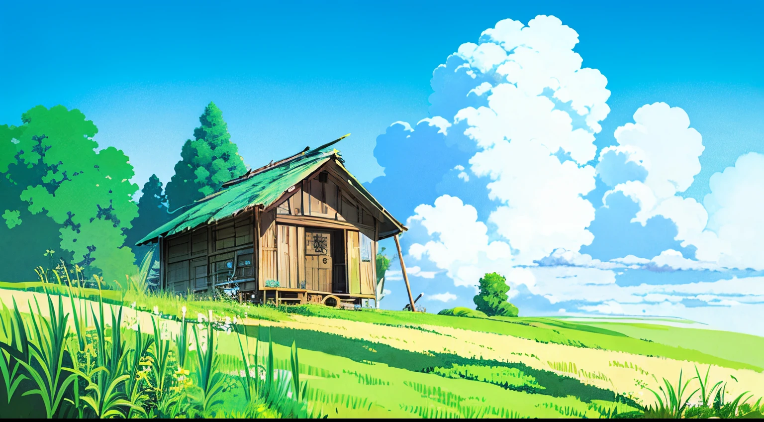 A small wooden hut on a meadow, grasses, flower plants, blue sky, big white clouds, ghibli style, anime style, digital art, magnificent, tall grasses