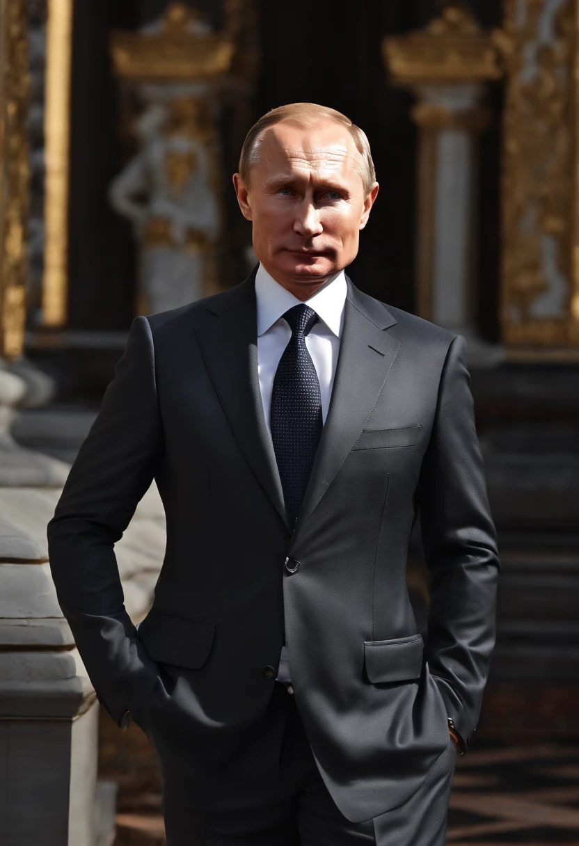 A photo of Putin visiting a historic monument,original,Vladimir Putin, the Russian President, presents a carefully crafted image: he is typically seen with a short, neat haircut and a lean, athletic physique, often dressed in suits that project an image of formality and power. His public persona is one of sternness and resolve, with a steely gaze and a rarely seen smile, adding to his aura of seriousness and determination. , male
