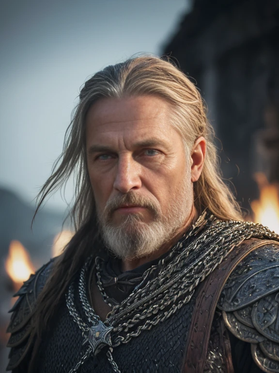 (Highest quality:1.3), cinematic shot, masterpiece, (sharp focus:1.5), (photorealistic:1.3),  medium portrait of (a weary-looking but still proud and fierce-looking old Viking warrior, now the leader of his village, dressed in elaborately detailed chain mail and leather armour, a few torches burn on the walls, giving the scene a dark atmosphere but sculpting the forms in sharp chiaroscuro), it is night time, (highly detailed skin),  (detailed face), detailed background, dark lighting, twilight lighting, volumetric lighting,  intricate details, UHD,