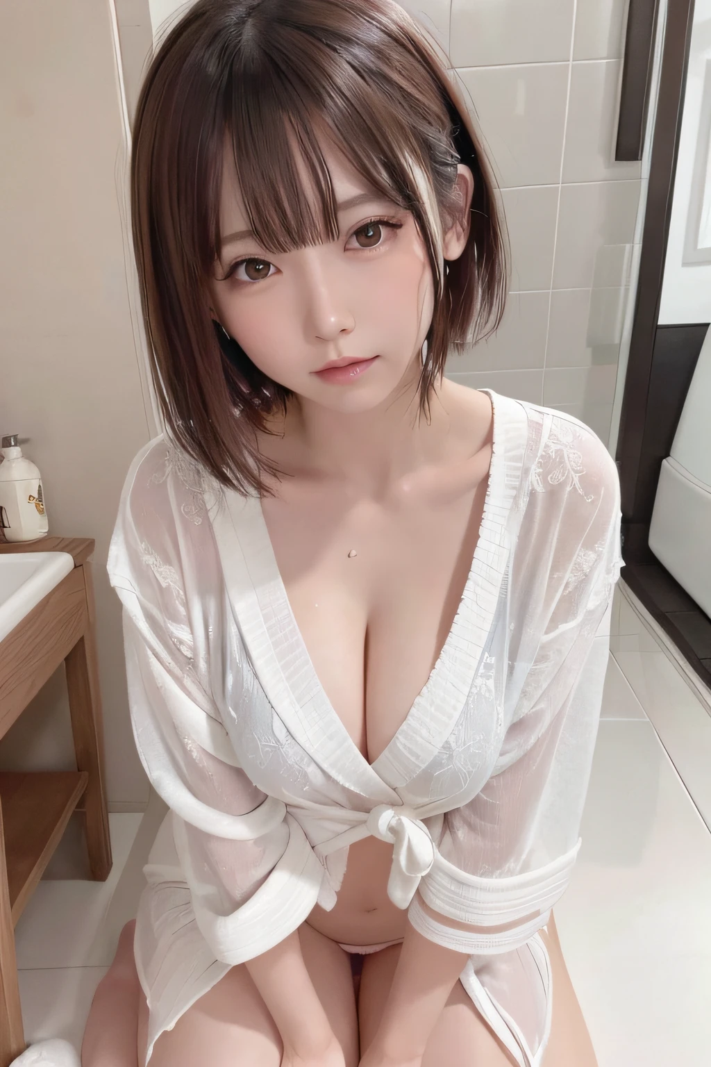 masutepiece, Best Quality, Illustration, Ultra-detailed, finely detail, hight resolution, 8K Wallpaper, Perfect dynamic composition, Beautiful detailed eyes, Medium Hair, mid-chest, Natural Color Lip, Random and sexy poses,Pee in the bathroom,Cute、The bathrobe is wet and transparent、panties on、Wet hair、the whole body is wet