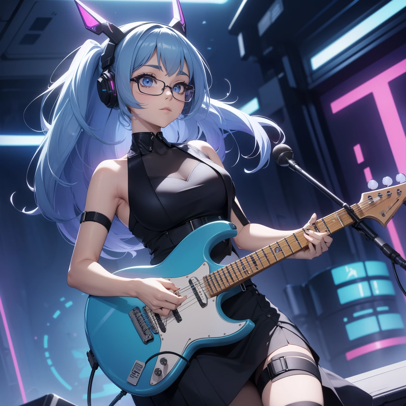 (masterpiece, best quality, ultra HD, 8k, wallpaper), cinematic view, full body view, front view, perfect body, perfect ???????, curvaceous, alluring, perfect hands, perfect eyes, detailed eyes, large breasts, long round legs, round ass, a talented female guitarist sits gracefully on a futuristic stool, surrounded by the mesmerizing glow of holographic soundwaves, she exudes confidence and passion, perfectly immersed in her music, wears an edgy yet elegant ensemble, specifically designed for both style and practicality during her performance, she wears a form-fitting, holographic white tank top that shimmers and shifts colors with each movement, her fitted white skirts that slighly shows her panty, she wears ankle-high combat boots with neon soles that emit a faint glow, enhancing the overall cyberpunk vibe, the guitarist's hair is styled in a modern asymmetric cut, with vibrant streaks of neon colors, as she plays, her hair flows gracefully, and she wears a pair of sleek augmented reality glasses that project holographic notes and effects into her field of vision, her guitar is an advanced, futuristic electric guitar with sleek lines and holographic accents, it glows with a soft neon light, and the fretboard features intricate circuit-like patterns, matching her shorts, the guitarist sits confidently on the stool, her posture relaxed yet focused, she gracefully holds the guitar close to her body, her fingers effortlessly gliding across the strings, creating captivating melodies that fill the air with enchanting harmonies, the background depicts a bustling cyberpunk cityscape with towering skyscrapers adorned with neon lights and holographic billboards