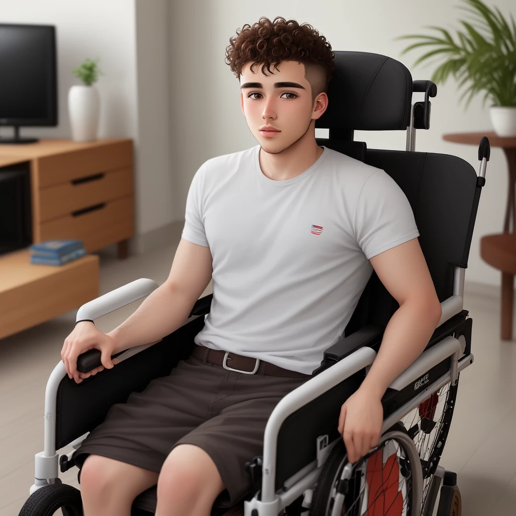 25 year old American guy, sitting in his living room, short curly hair, hair like Central cee, brown hair, light tan, light skin color, clean shaven, at home, in wheelchair, cannot move legs and arms, realistic