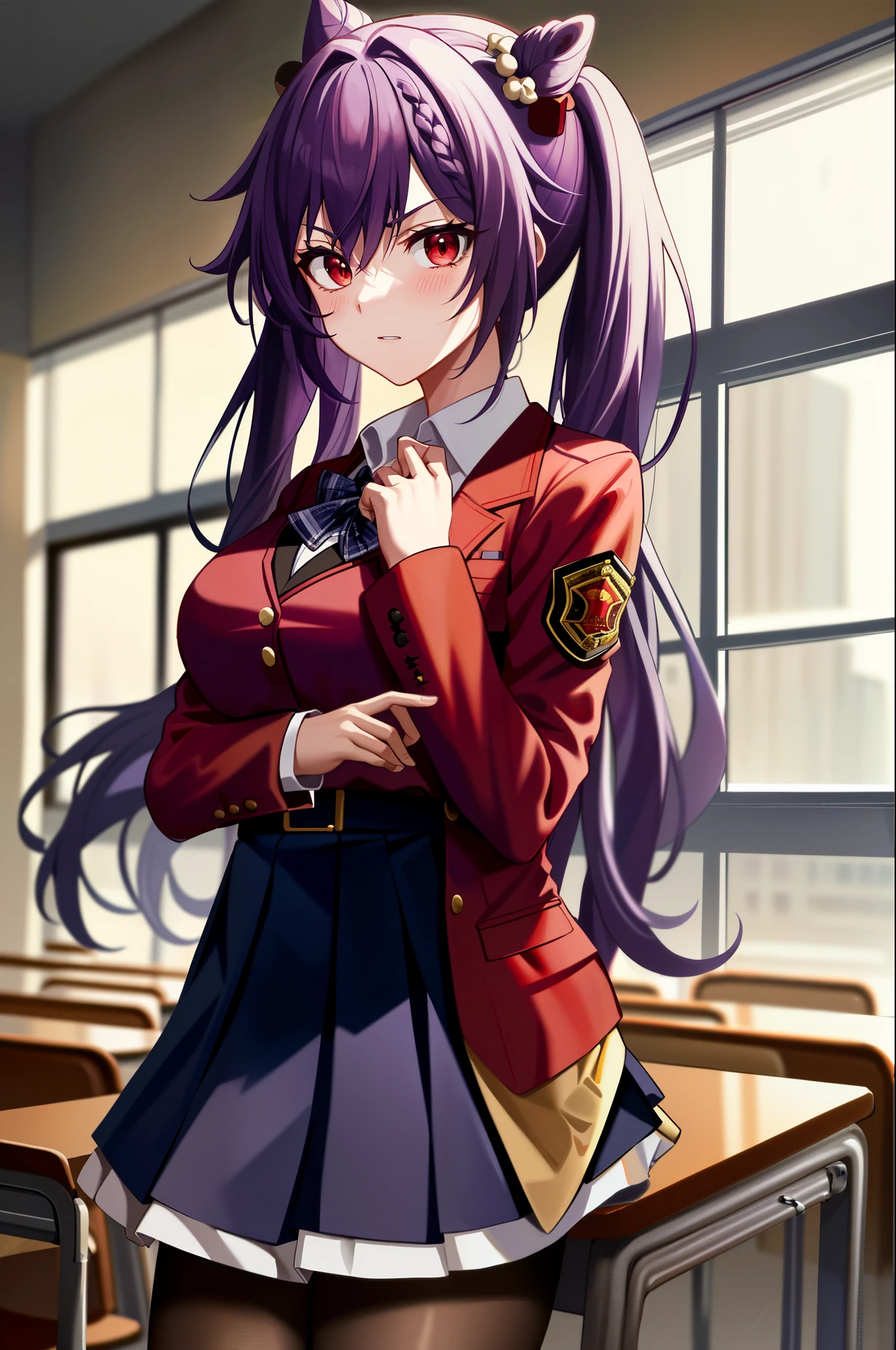 2D, Masterpiece, Best Quality, Anime, Very Detailed, Cowboy Shot, ung Adult, Solo, ((Red Eyes)), Purple Hair, Long Hair, Merciless Hair, [[Big Breasts]], School Uniform, ((Red Jacket)), White Sweater, Collared Shirt, Neckband, White Skirt, ((School Uniform)), Classroom, Serious