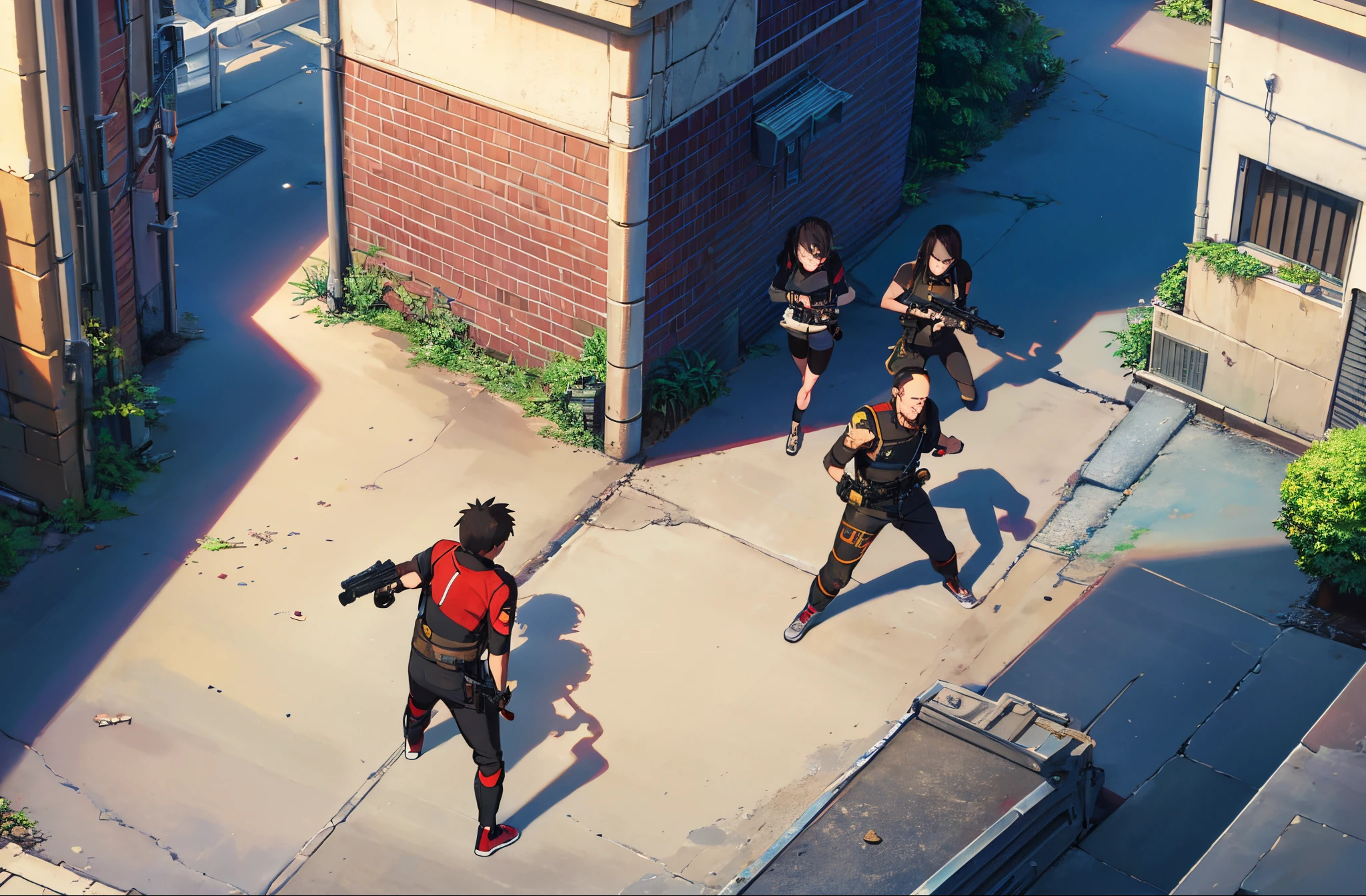 CrossFire game,A player holding a gun,Fight an enemy in a cross alley,The style should be animated,Top view crossfire game,A player holding a gun,Fight an enemy in a cross alley,The style should be animated,down view
