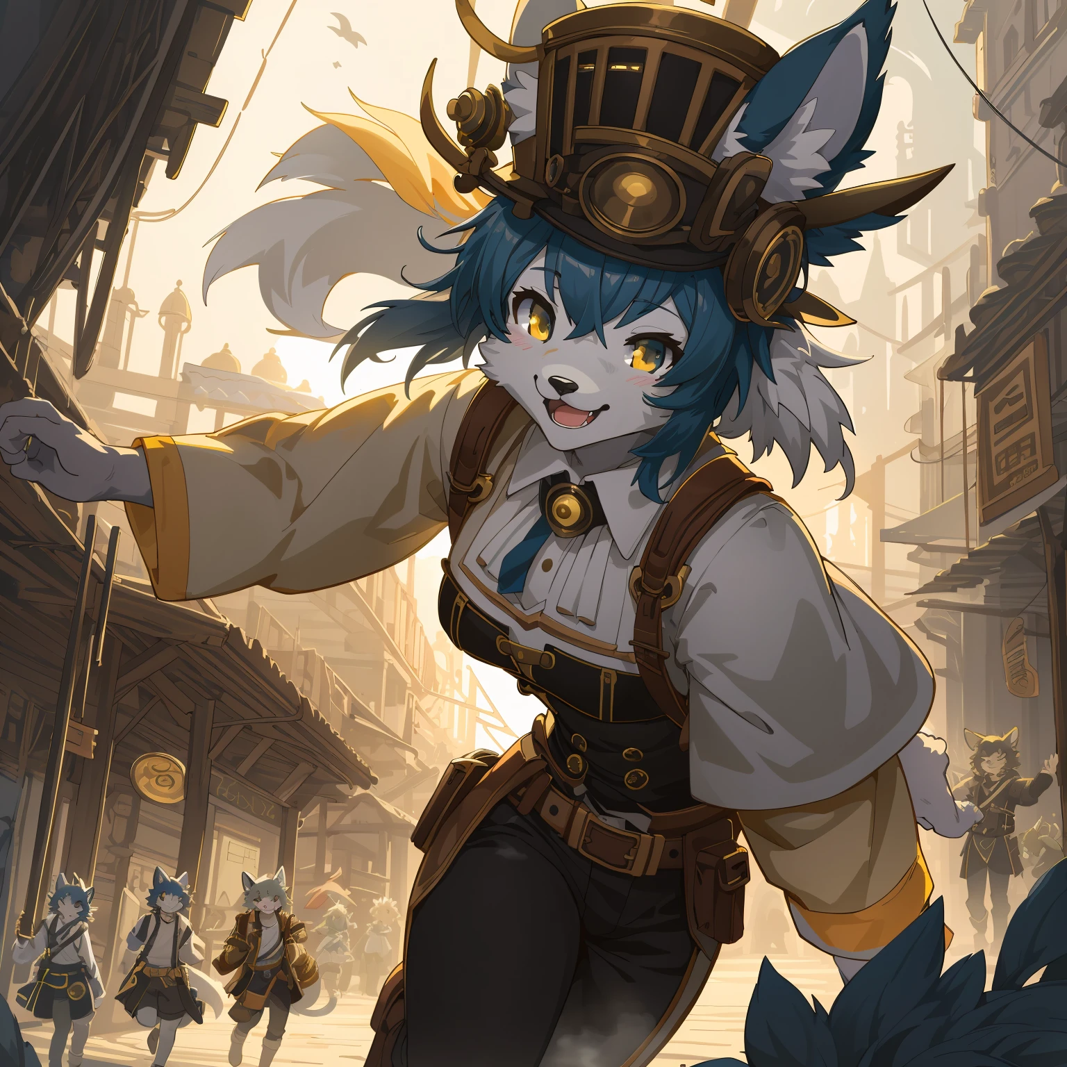 cover_page, highres, top quality, best quality, paid reward available, High-quality illustrations, unparalleled masterpiece, perfect artwork, absurdres, super high resolution, detailed background, Steam punk, Beautiful World Heritage, 6+boys, 6+girls, Happy, joyful(Photos of solo travelers)(kemono, furry anthro)cinematic lighting, dynamic angle,