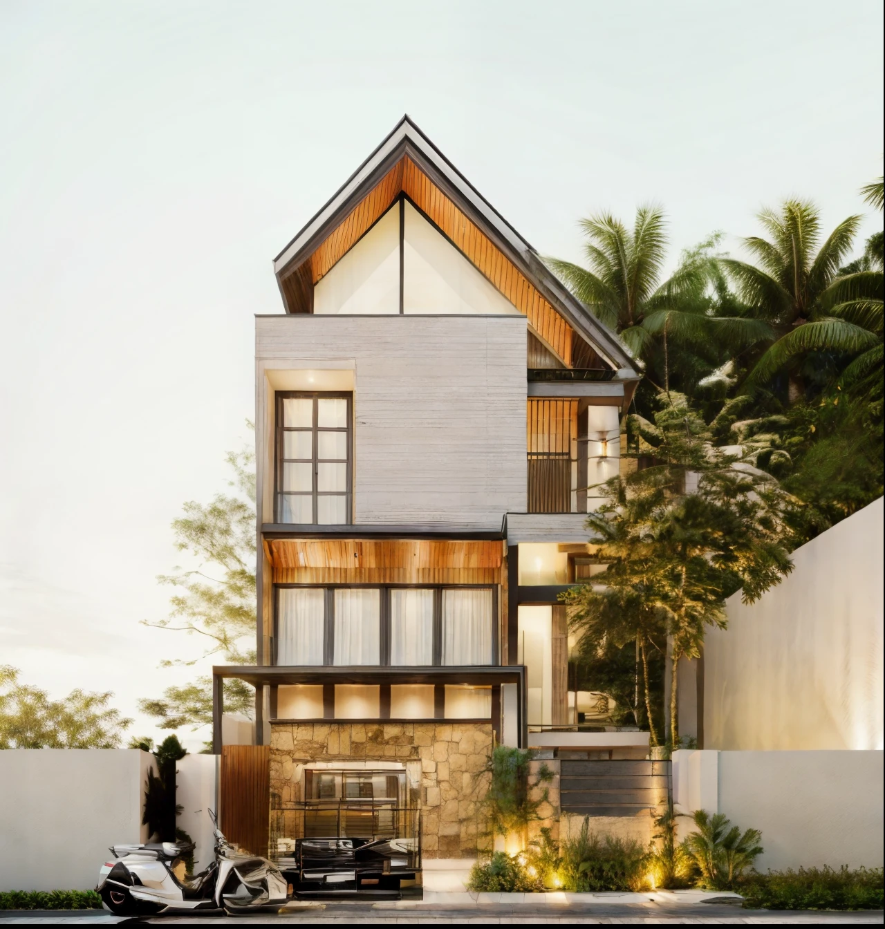 RAW photo, outdoor, (residential architecture exterior:1.3), 1 house architecture, (elegant), Singapore tropical modern house style, white wall and glass and rock and black steel and wood, (Luxury home with exquisite finishing:1.3), (wood),Beautiful tropical garden, warm yellow light in the interior, dark night sky, (high detailed:1.2), (Evening environment with warm dominant interior lighting), 8k uhd, ds, soft lighting, high quality, film grain, Fujifilm XT3